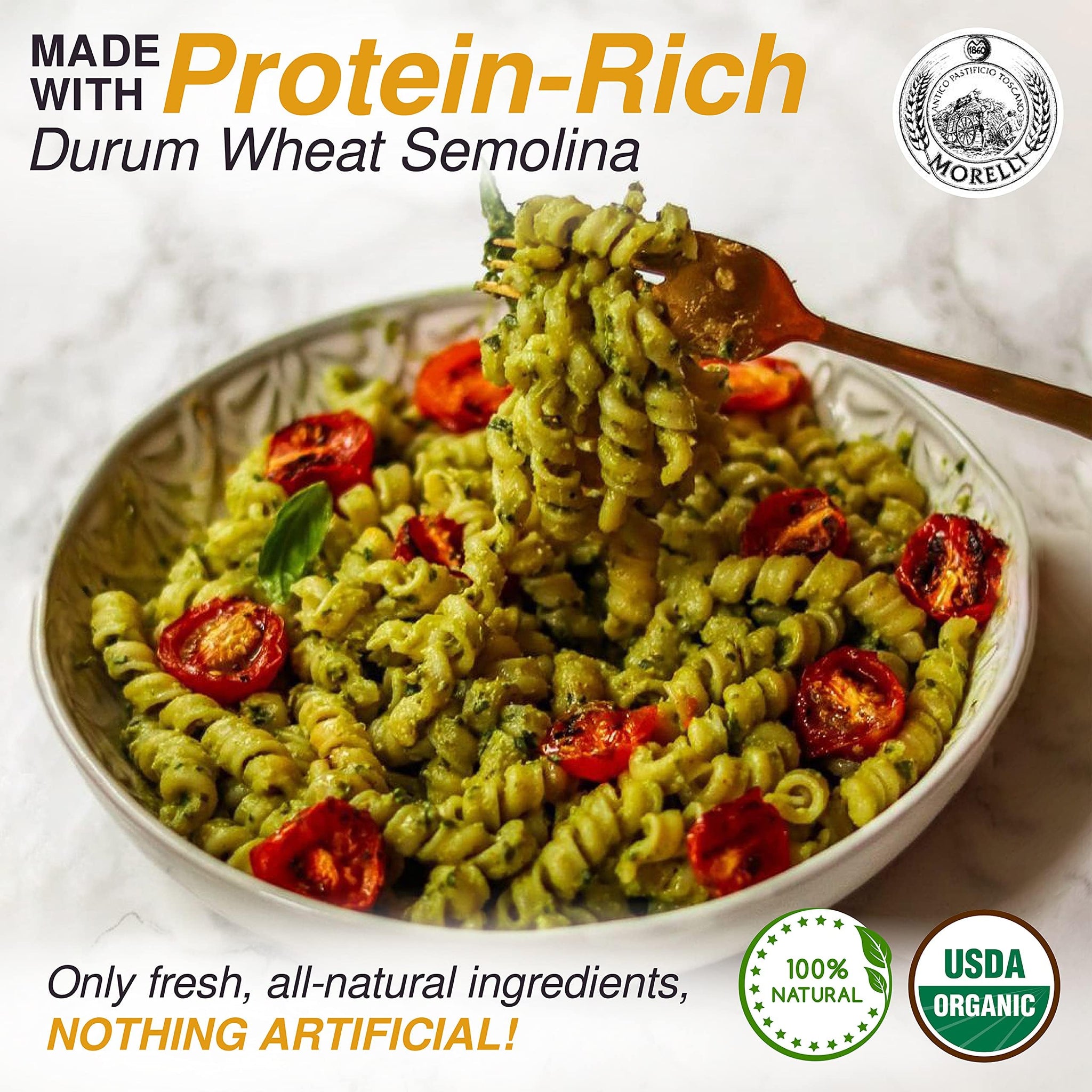 Morelli Spiral Pasta - Organic Premium Durum Wheat Semolina Italian Pasta from Italy - Protein-Rich, Ancient Grains, All Natural, Gourmet Italian