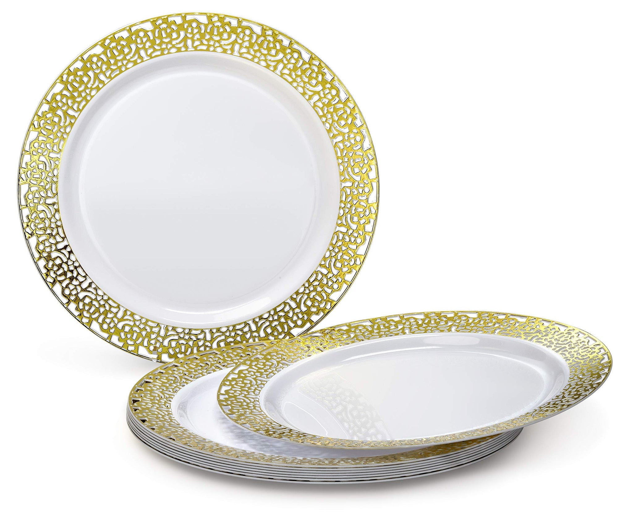 " OCCASIONS " 200pcs set (25 Guest)-Wedding Disposable Plastic Plates & cutlery -10.25'', 7.5''+linen like paper napkins, Gold rim cups & Silverware