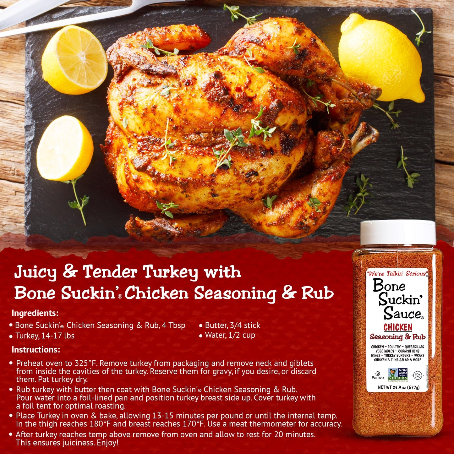 Bone Suckin' Chicken Seasoning & Rub - 23.9oz - with Garlic & Sage - Non-GMO, Gluten-Free, Fat-Free, Kosher, Pareve, No MSG!