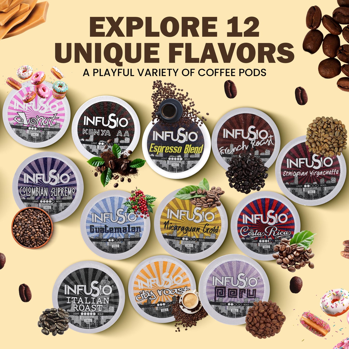 InfuSio Coffee Pods Variety Pack - 96 Count, 12 Sophisticated Medium & Dark Roast Blends, Crafted Blends Collection - Premium Single-Serve Coffee