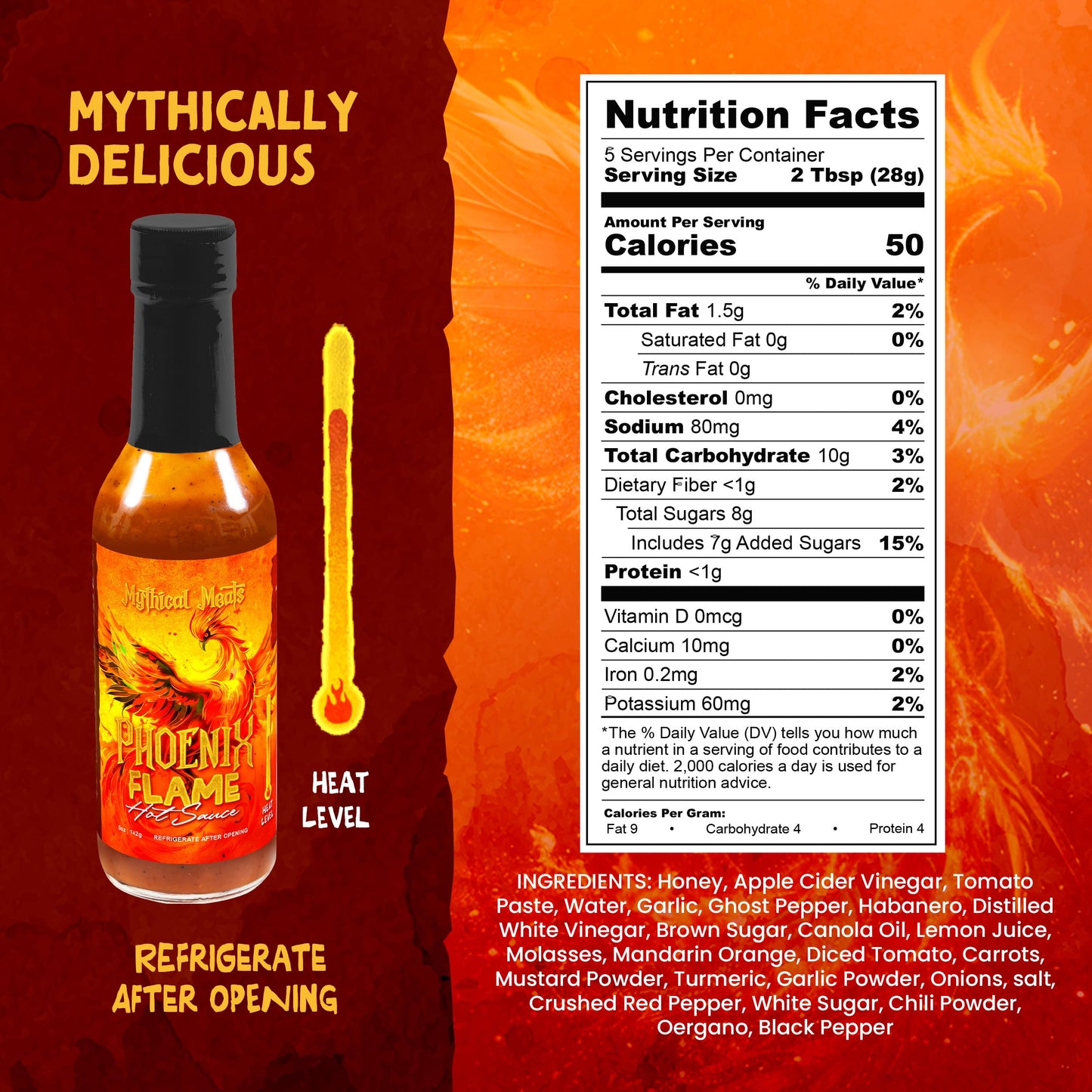 Mythical Meats Phoenix Flame Hot Sauce - Ghost Pepper & Honey Blend, Gluten Free, Non GMO, 6/10 Heat