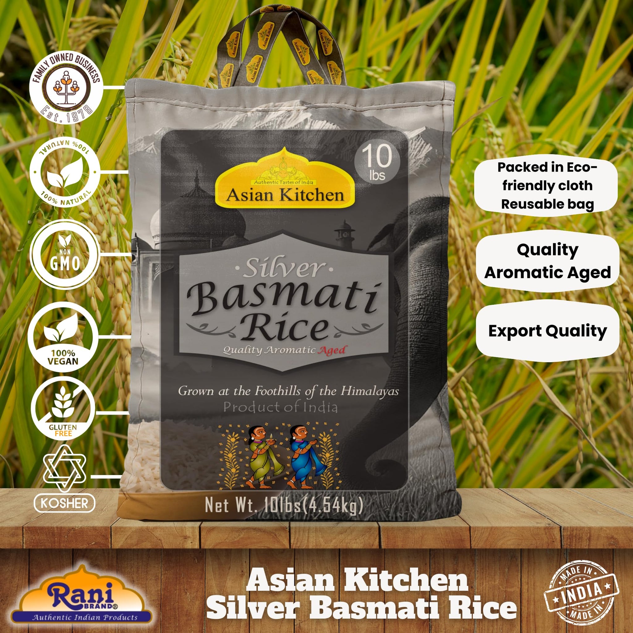 Asian Kitchen Silver White Basmati Rice Extra Long Aged 10lbs (4.54kg) ~ All Natural | Gluten Friendly | Vegan | Indian Origin | Export Quality