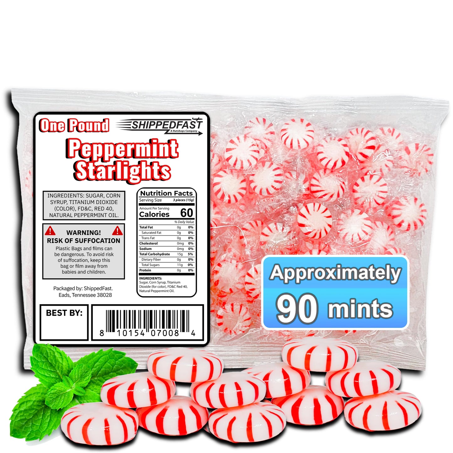 ShippedFast Peppermint Starlights Candy Mints, Real Peppermint Oil Infused Hard Candies, 1 Pound Bag
