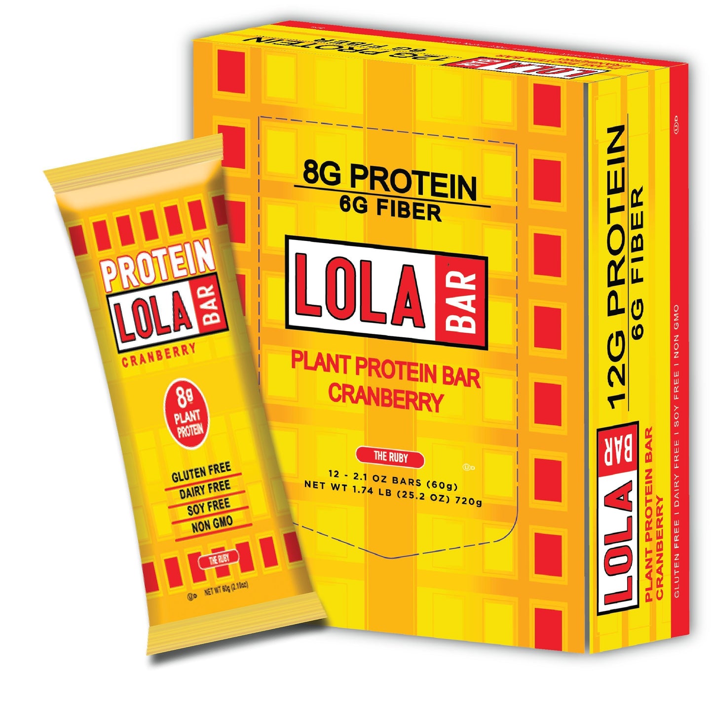 LOLA BAR Plant Protein Bar, The Ruby Just Cranberry, 60g Bar, 12 Count
