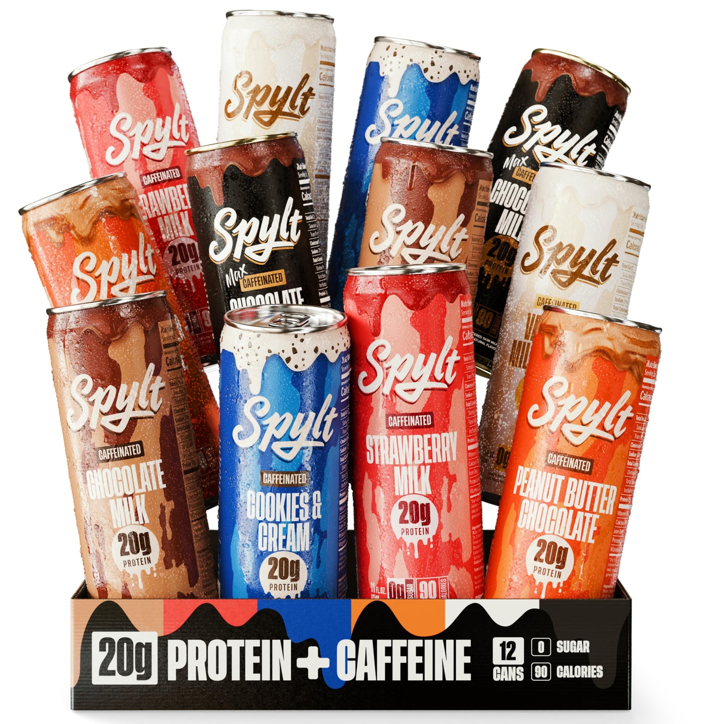 Spylt High Protein Milk - 6 Flavor Variety Pack with 60mg Caffeine & 20g Protein - 90 Calories, Ready to Drink, Sugar Free, Lactose Free Milk, Perfect