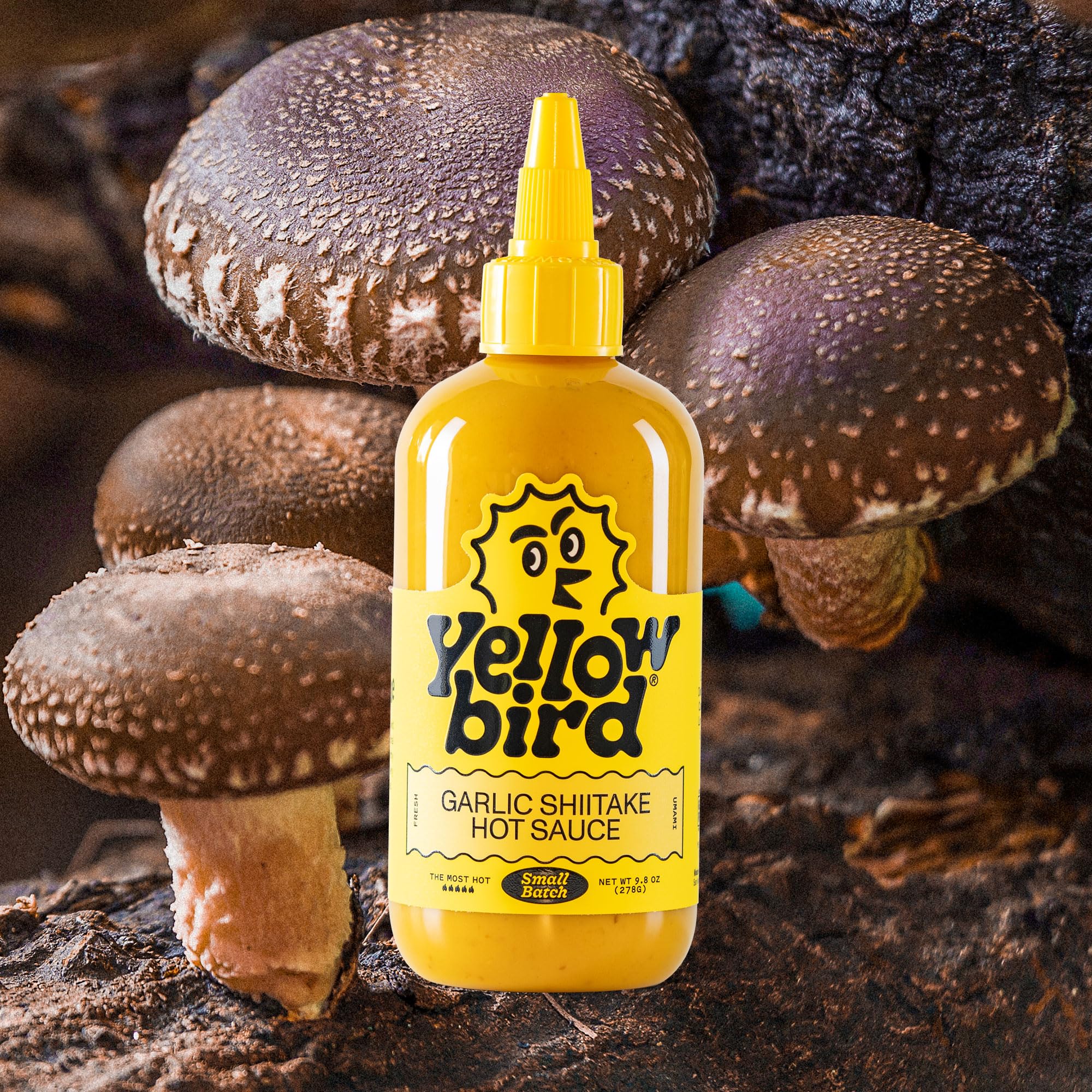 Yellowbird® Small Batch Garlic Shiitake Hot Sauce 9.8 oz. Pantry Size (The Most Hot | 1 Bottle | Made in Texas)