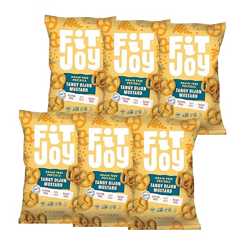 FitJoy Tangy Dijon Mustard Pretzels (Pack of 6, 4.5 Oz) - Dairy, Nut & Gluten Free Snacks - Grain Free Cassava Root & Chickpea Flour Vegan Pretzel