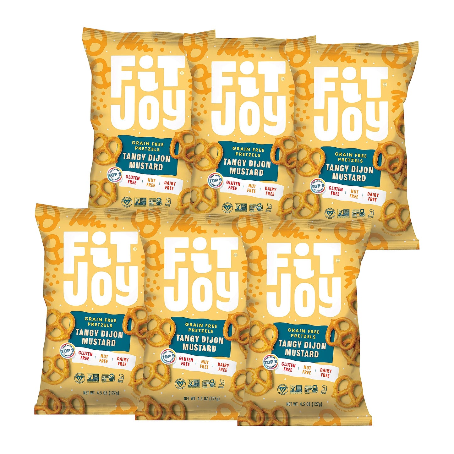 FitJoy Tangy Dijon Mustard Pretzels (Pack of 6, 4.5 Oz) - Dairy, Nut & Gluten Free Snacks - Grain Free Cassava Root & Chickpea Flour Vegan Pretzel