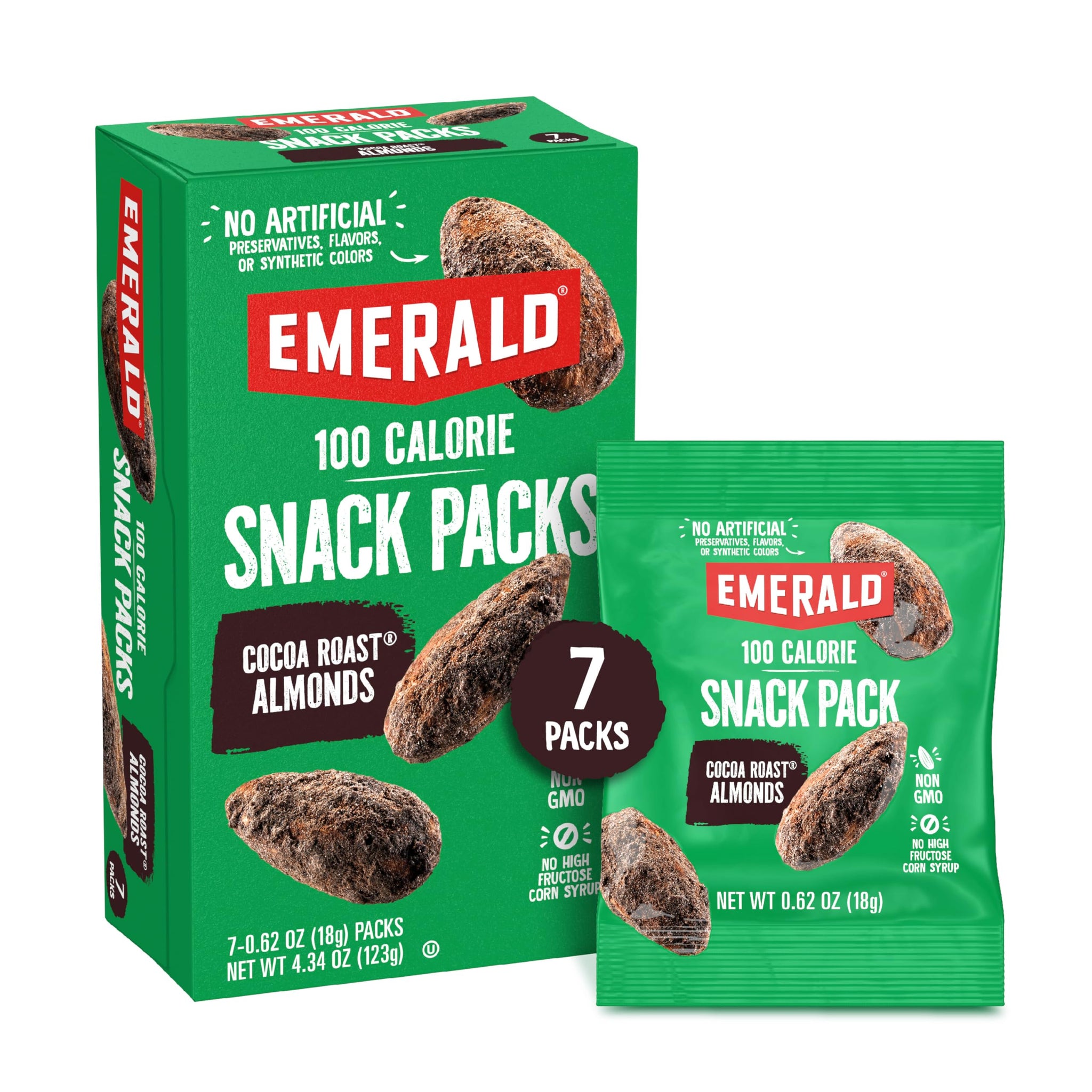 Emerald Nuts Cocoa Roast Almonds 7 Ct (1-Pack), 100-Calorie Individual Packs, Kosher Certified, Non-GMO, Contains No Artificial Preservatives, Flavors