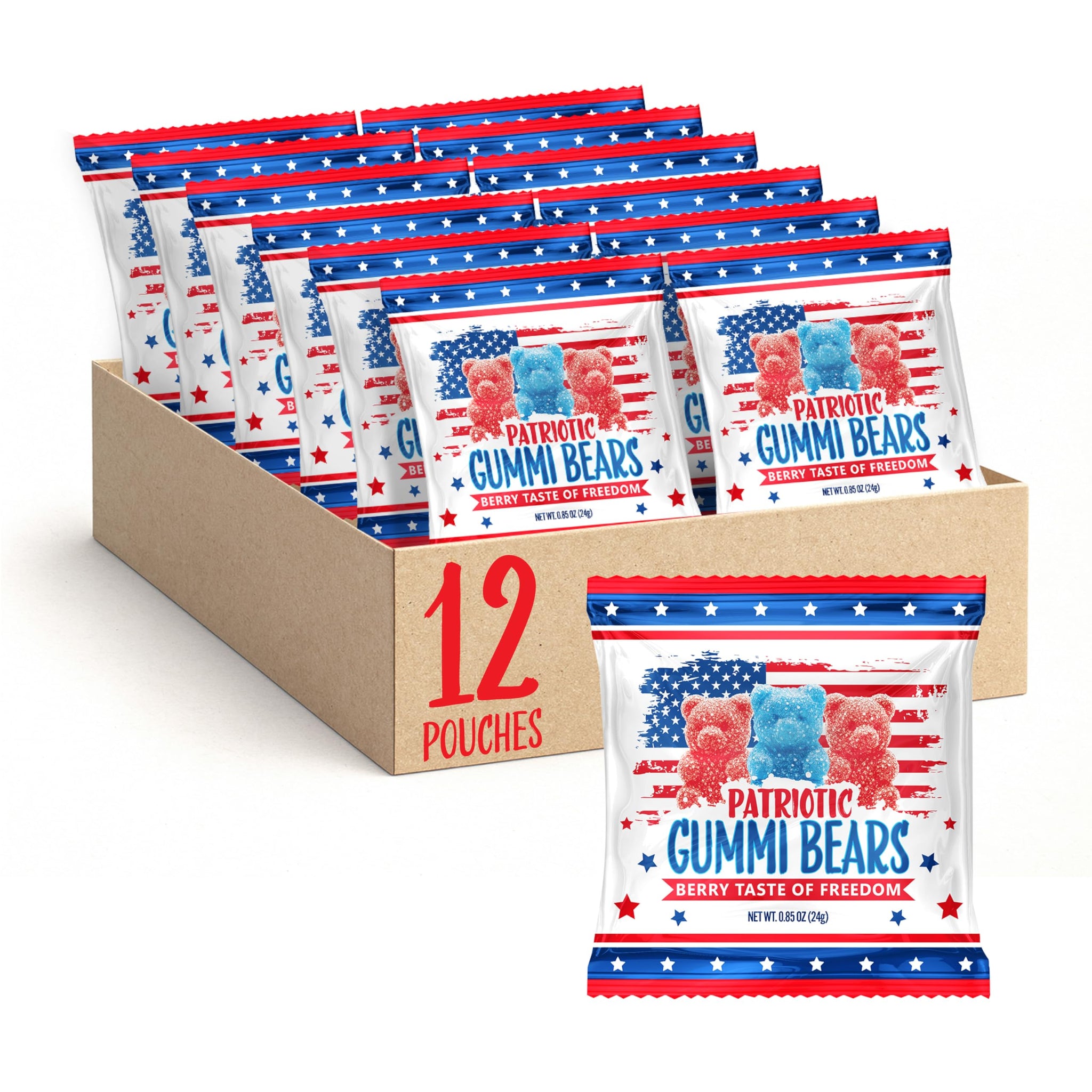 Patriotic Candy | 12 Packs | 4th of July Candy Individually Wrapped | Sour Bears Gummy Candy | Blue Raspberry & Strawberry Flavors | Red & Blue