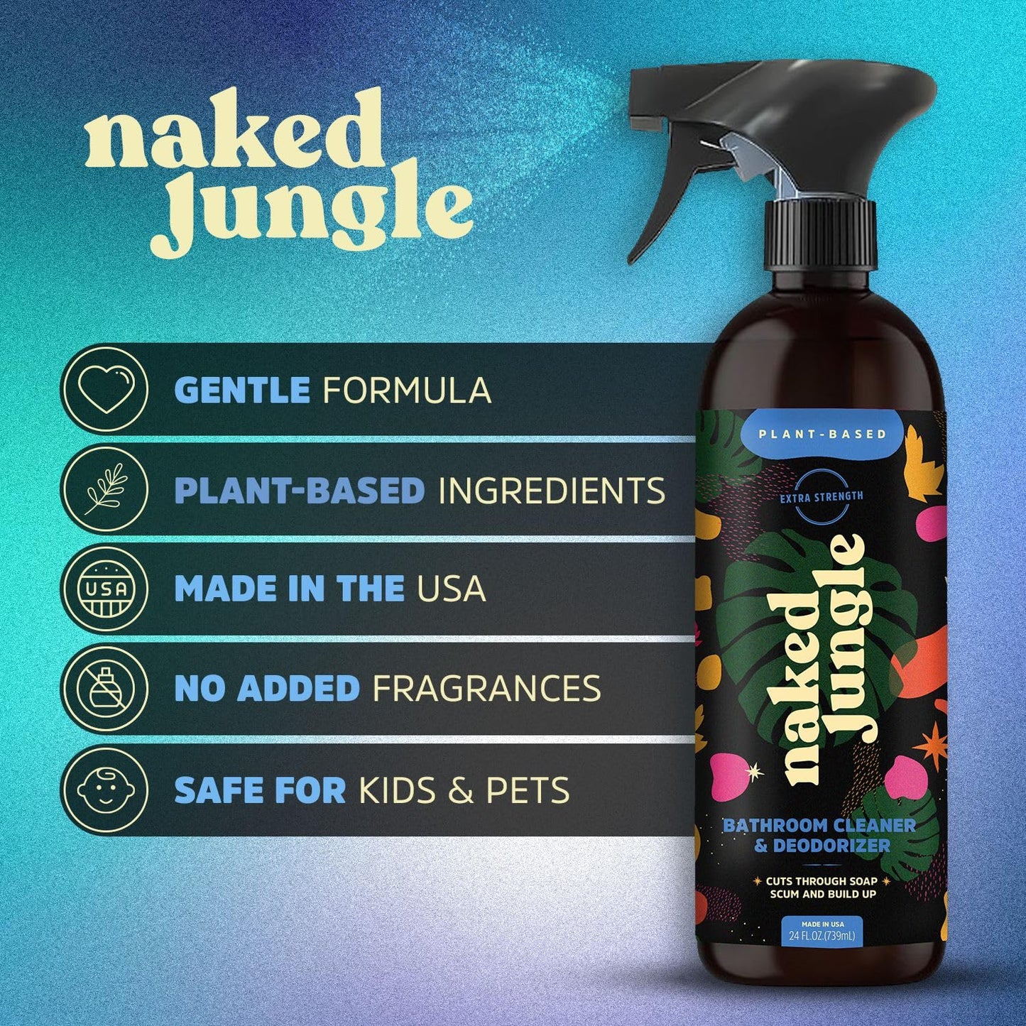 Naked Jungle Plant-Based Bathroom Cleaner and Deodorizer, Extra Strength Shower Cleaner Spray, Toilet Bowl Cleaner, Vegan Formula, No Artificial