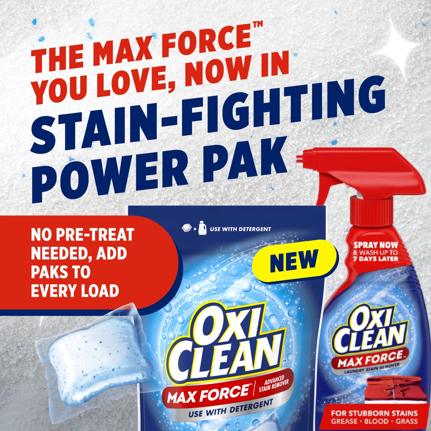OxiClean Max Force Advanced Stain Remover Power Paks, Color-Safe, Bleach-Free Kids and Baby Essential, Use with Detergent to Remove Messy Stains like