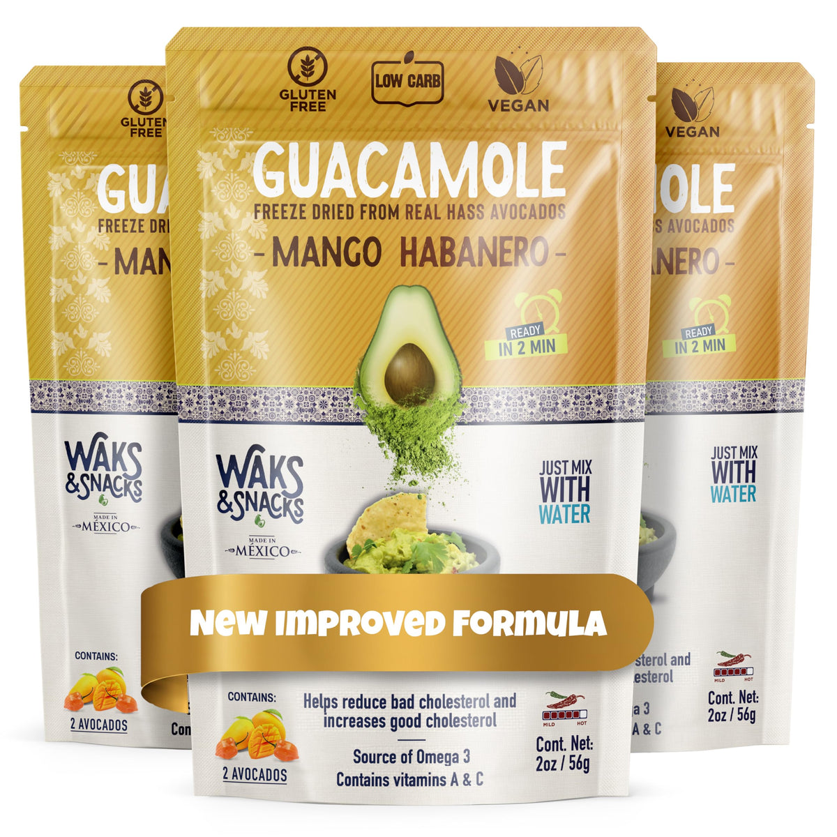 WAKS & SNACKS Guacamole Mango-Habanero | 100% Hass | 2 oz Ea. | 3-Pack