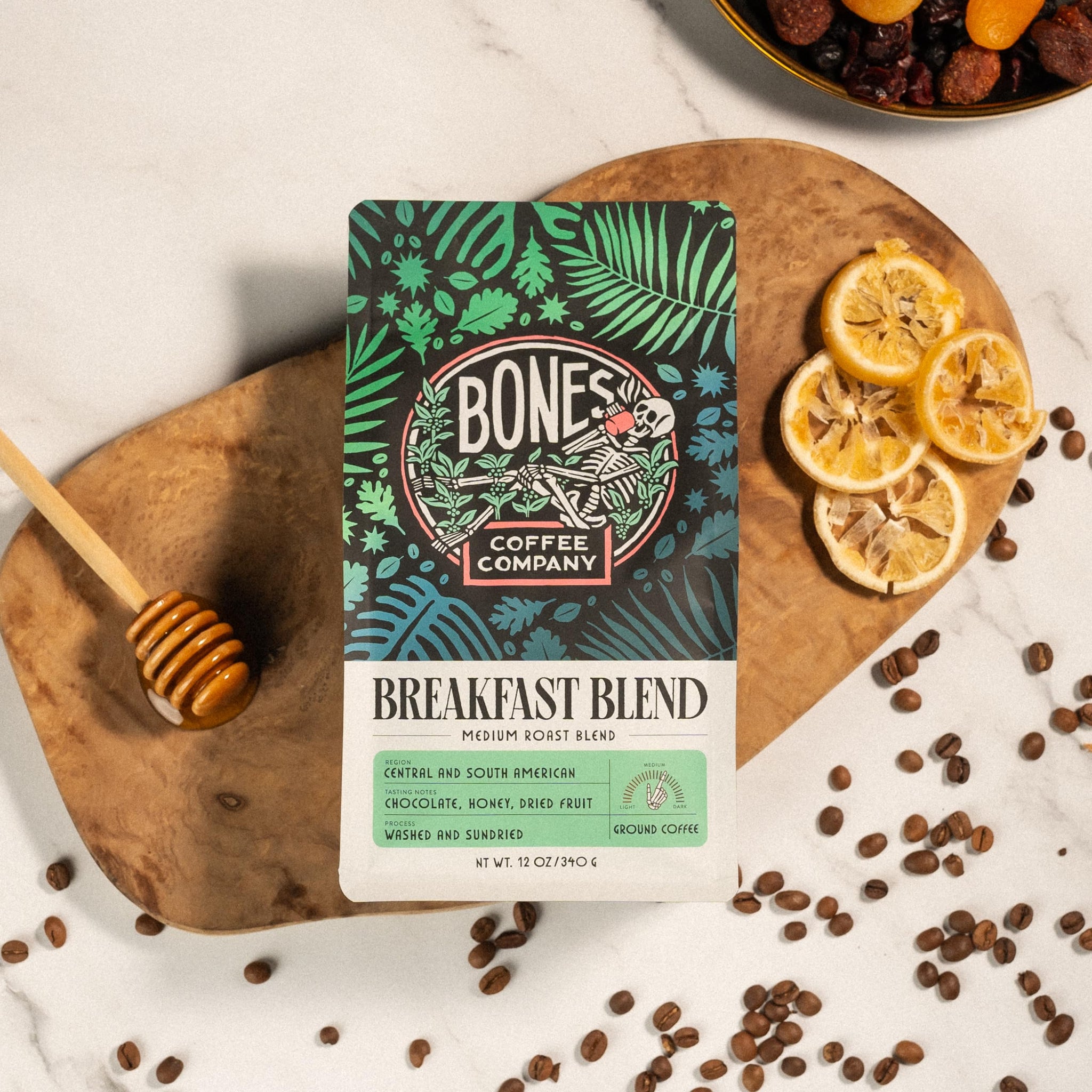 Bones Coffee Company Breakfast Blend, Chocolate, Honey and Dried Fruit Notes, Unflavored Coffee, Medium Roast Low Acid Arabica Beans Compatible