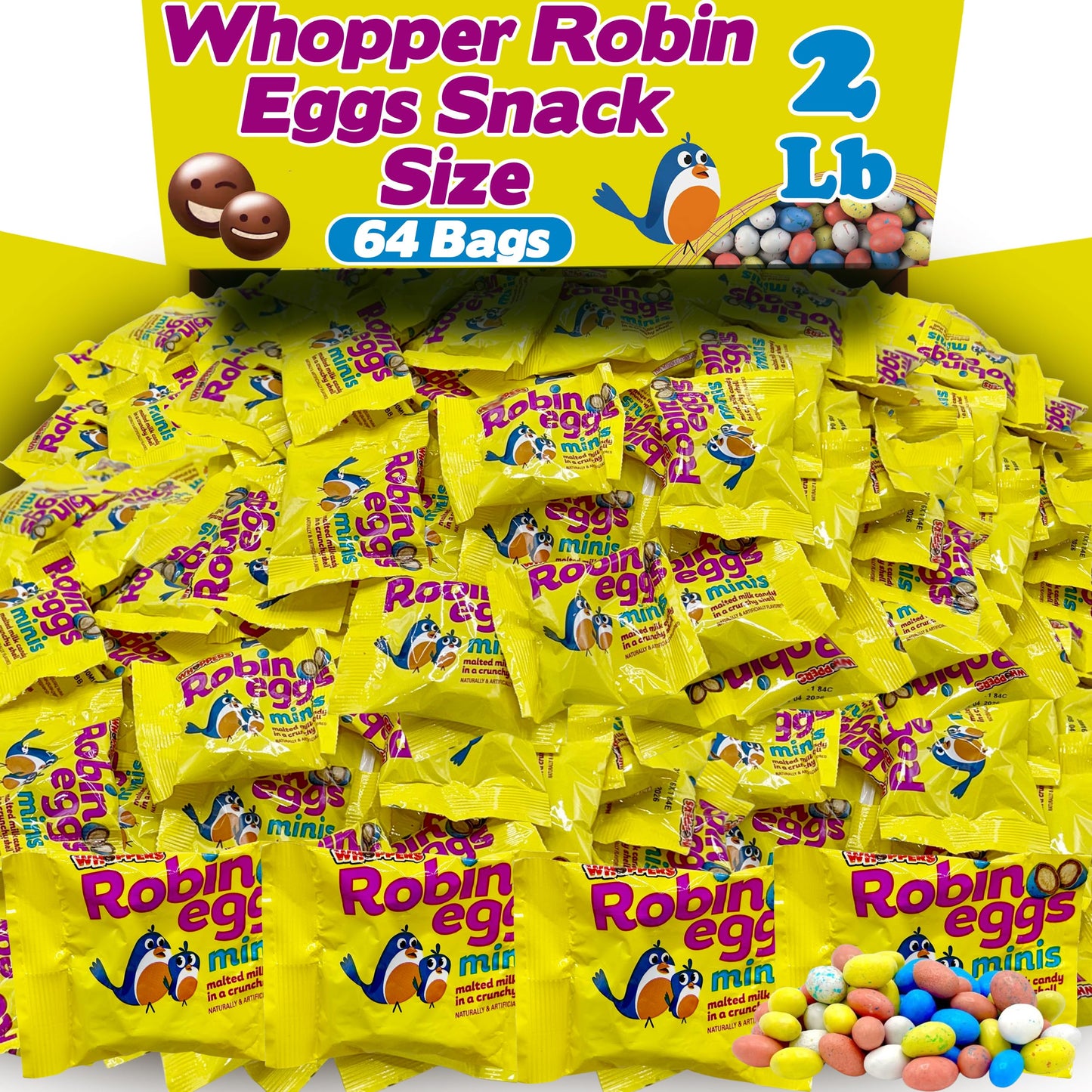 Woppers Robin Eggs Candy, Bulk 64 Count Snack Size Individually Wrapped Whoopers Milk Chocolate Malted Balls with Pastel Candy Shells, for Goodie Bags