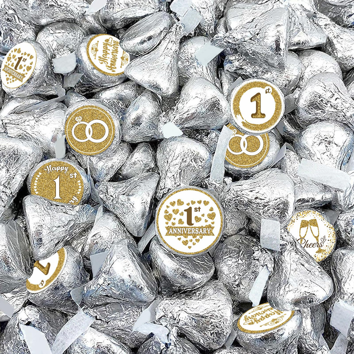 Gold 1st Anniversary Chocolate Kiss Stickers,180 Count, 0.75" Chocolate Drop Labels for Kisses, 1st Wedding Anniversary Party Favors Labels