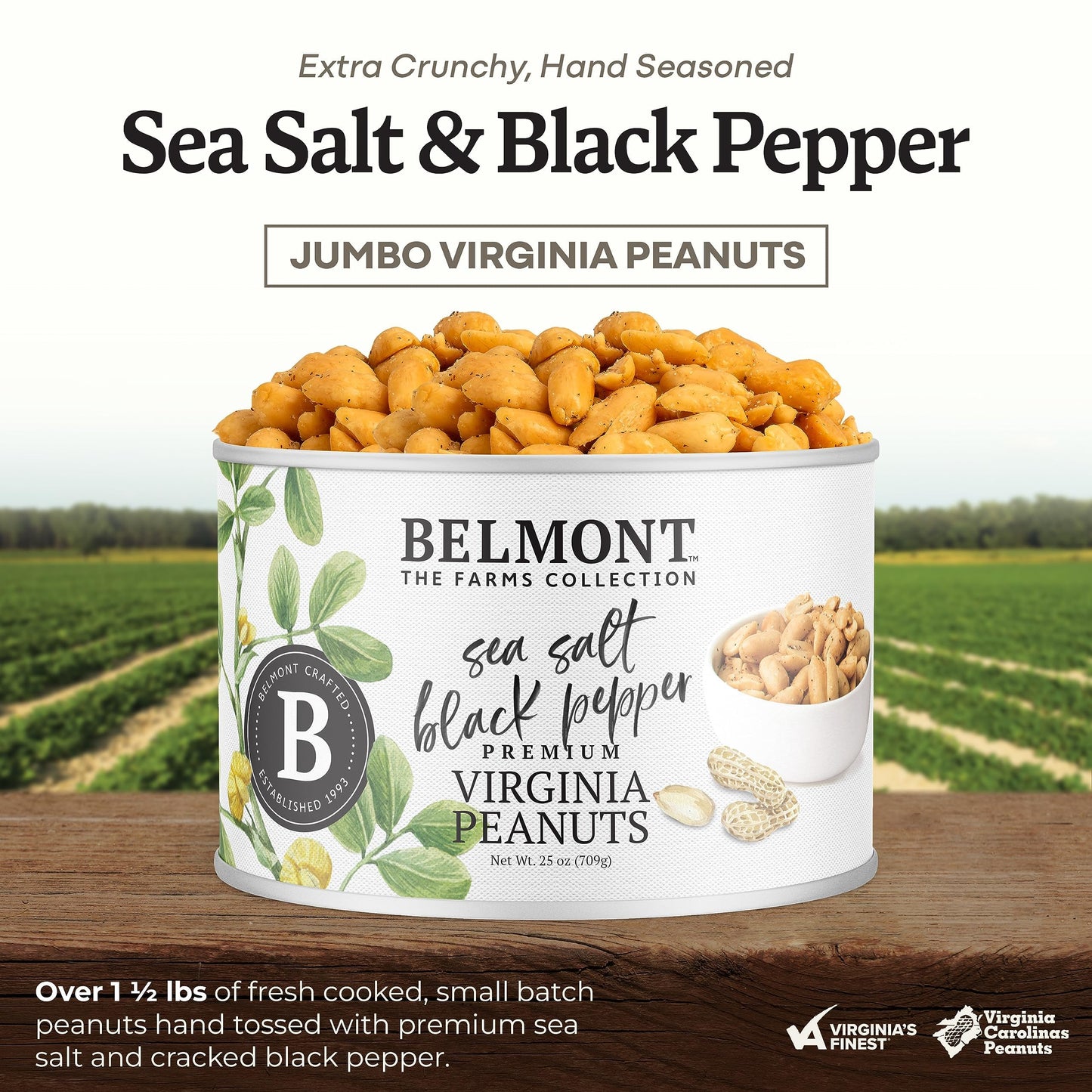 Belmont Peanuts Gourmet Sea Salt and Black Pepper Flavored Virginia Peanuts, 25 oz (1 Pack) - Only 4 Simple Ingredients, No Preservatives, 7g Protein