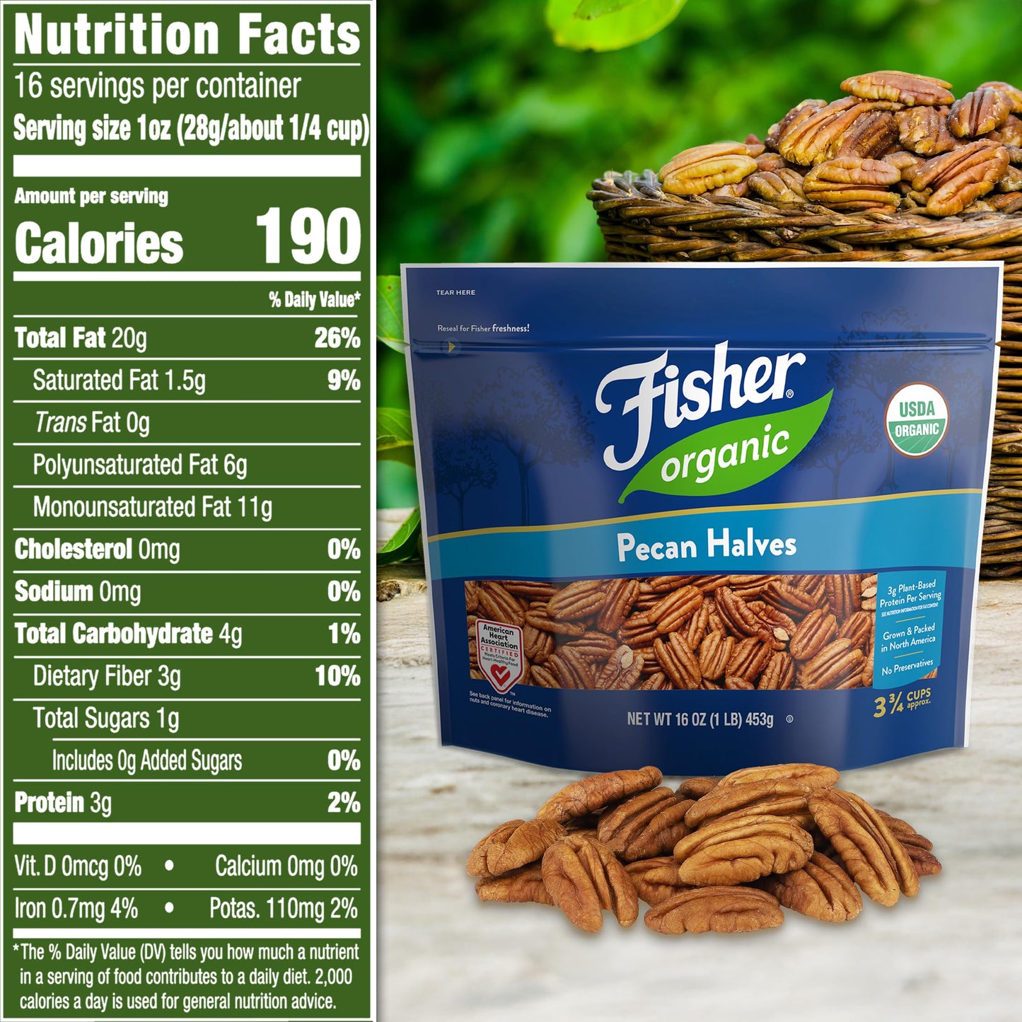 Fisher Organic Pecans Halves 16 oz, USDA Certified Organic, Unsalted Raw Pecans, North American Grown, Non-GMO, No Preservatives, Keto & Paleo