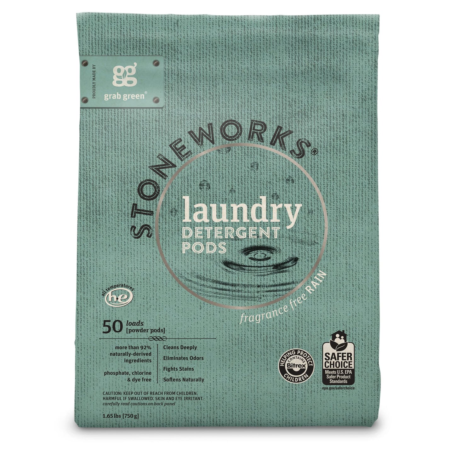 Grab Green Stoneworks Laundry Detergent Pods, Powered by Naturally Derived Plant & Mineral-Based Powder, Unscented, 50 Loads (Pack of 1) - EPA Safer
