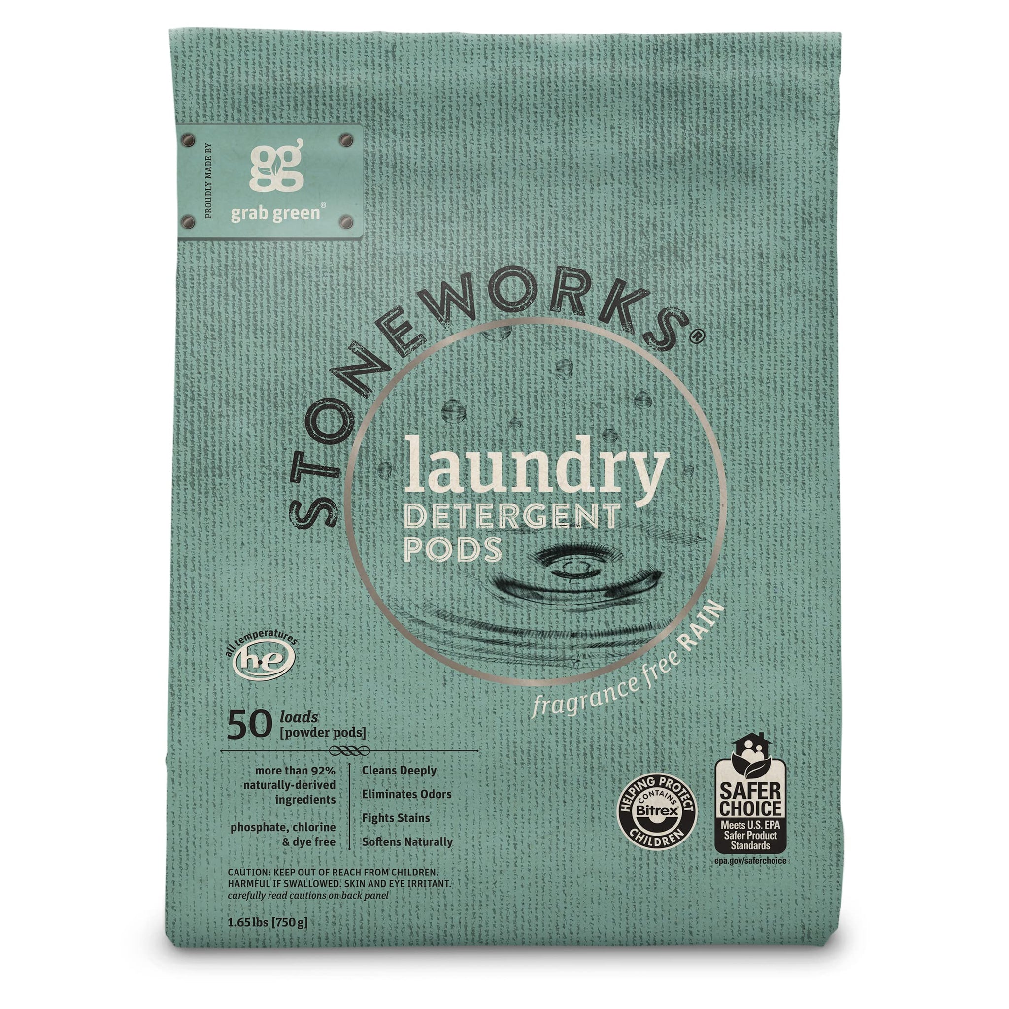 Grab Green Stoneworks Laundry Detergent Pods, Powered by Naturally Derived Plant & Mineral-Based Powder, Unscented, 50 Loads (Pack of 1) - EPA Safer