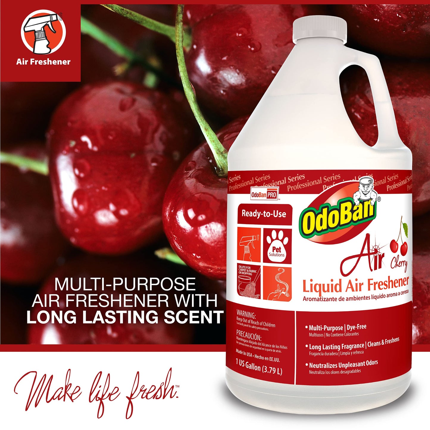 OdoBan Professional Series Ready-to-Use Air Cherry Liquid Air Freshener, Made in the USA, Cherry Scent, 1 Gallon