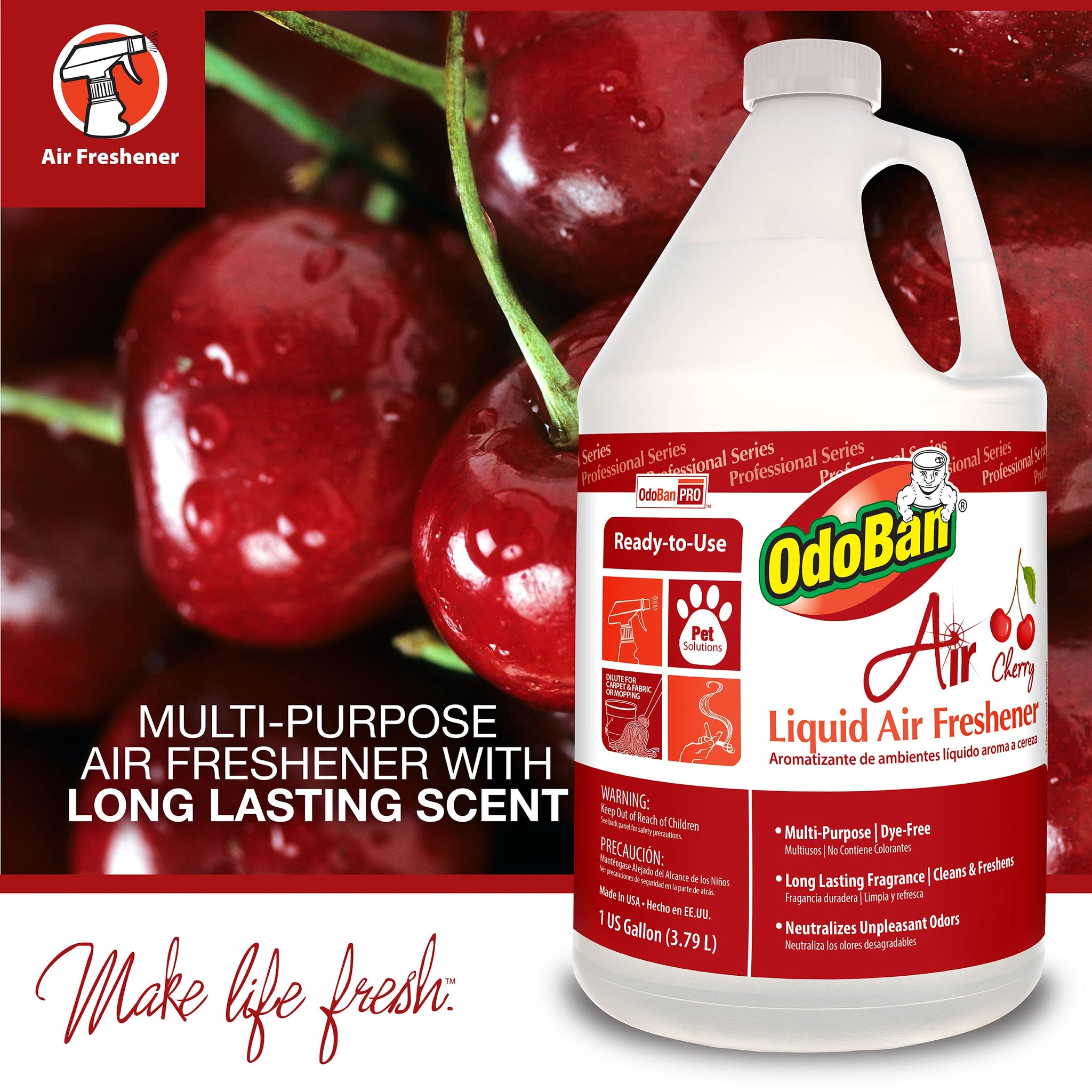OdoBan Professional Series Ready-to-Use Air Cherry Liquid Air Freshener, Made in the USA, Cherry Scent, 1 Gallon
