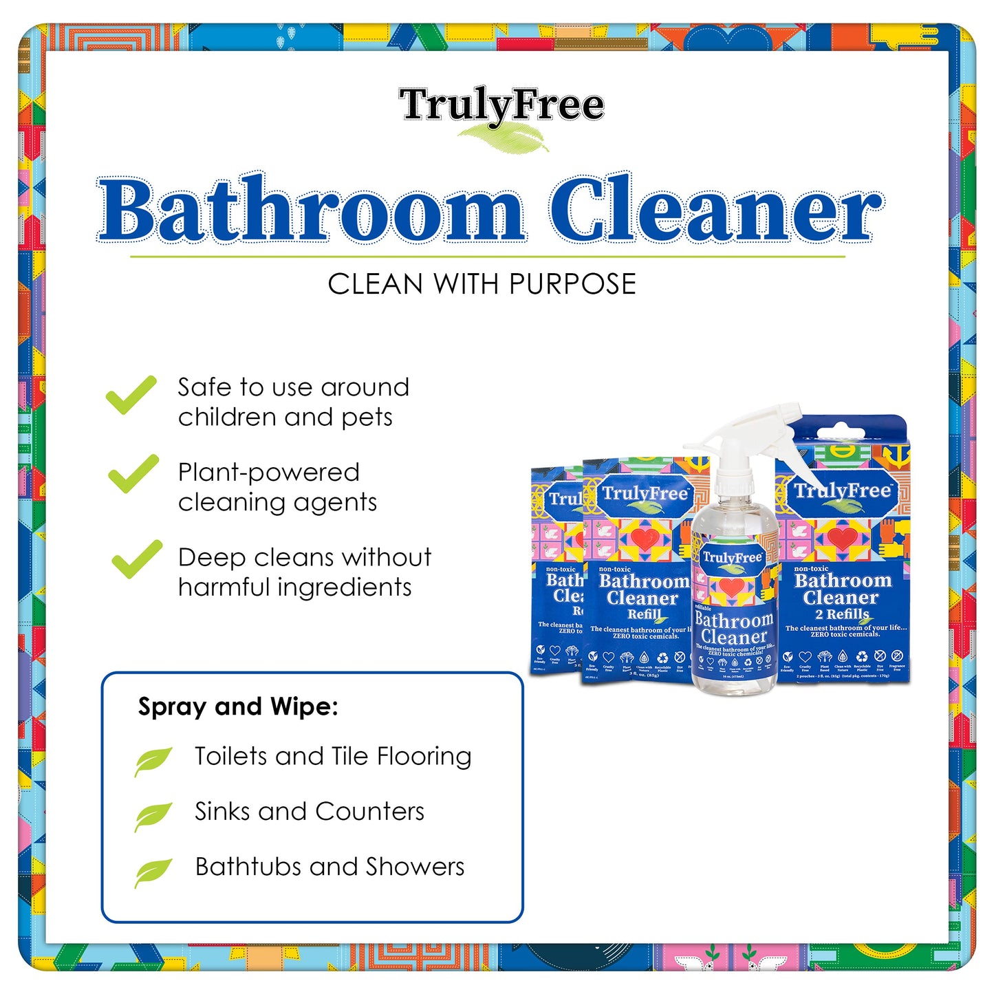 Truly Free All Natural Non-Toxic Bathroom Cleaner Spray Kit, Organic Bath & Tile Cleaning Solution for Toilet, Sink, Tub & Shower, 16 oz Reusable
