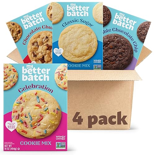 My Better Batch, Try Them ALL: Chocolate Chip, Double Chocolate, Sugar, Celebration Cookie Mix Variety Pack, Valenties Day Cookie Mix, Makes 64 Large Cookies, Non GMO, Kosher, 16oz (Pack of 4)