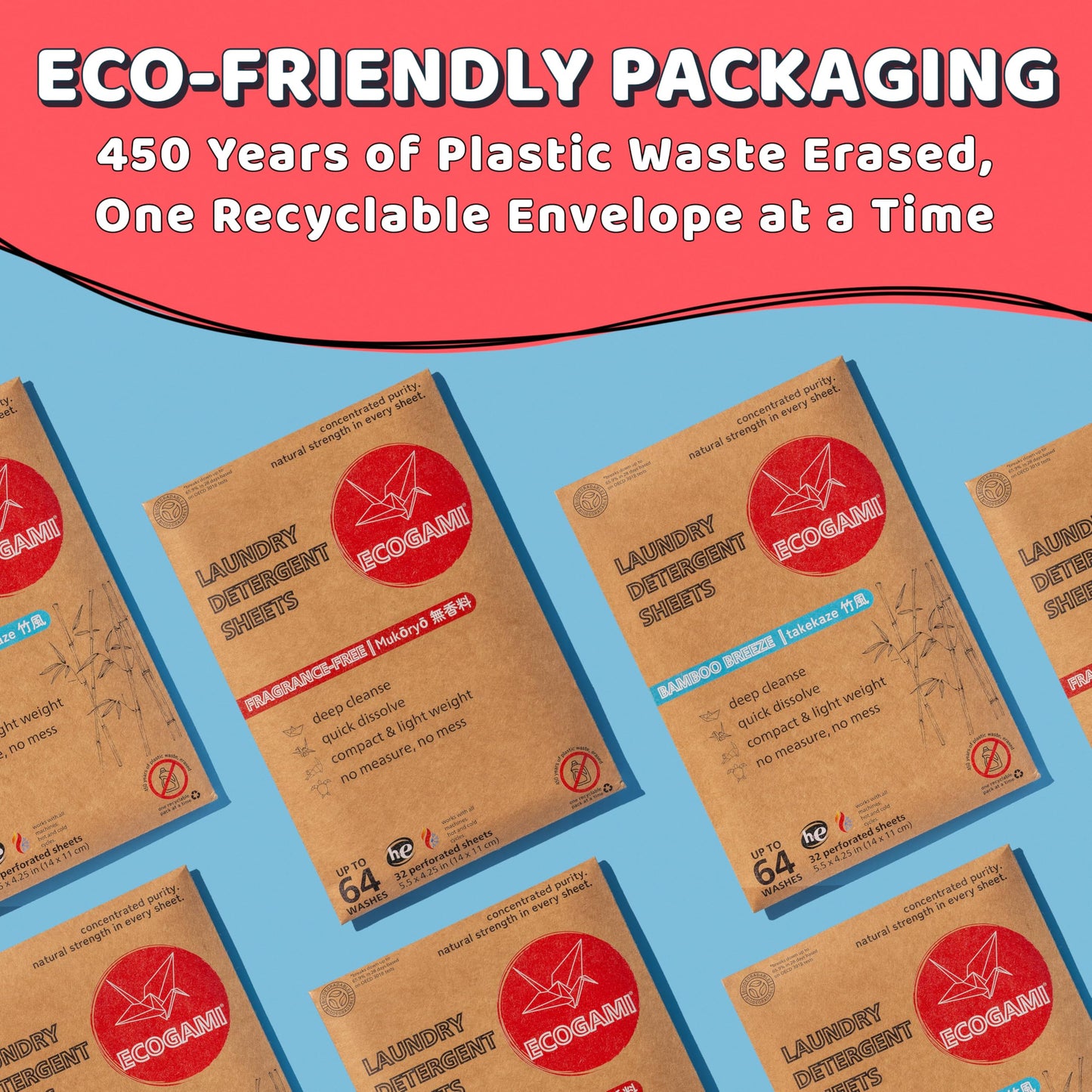 Ecogami Laundry Detergent Sheets - 32 Sheets (Up to 64 Loads), Available in Fragrance-Free or Takekaze, Plastic-Free, Biodegradable, Dissolvable