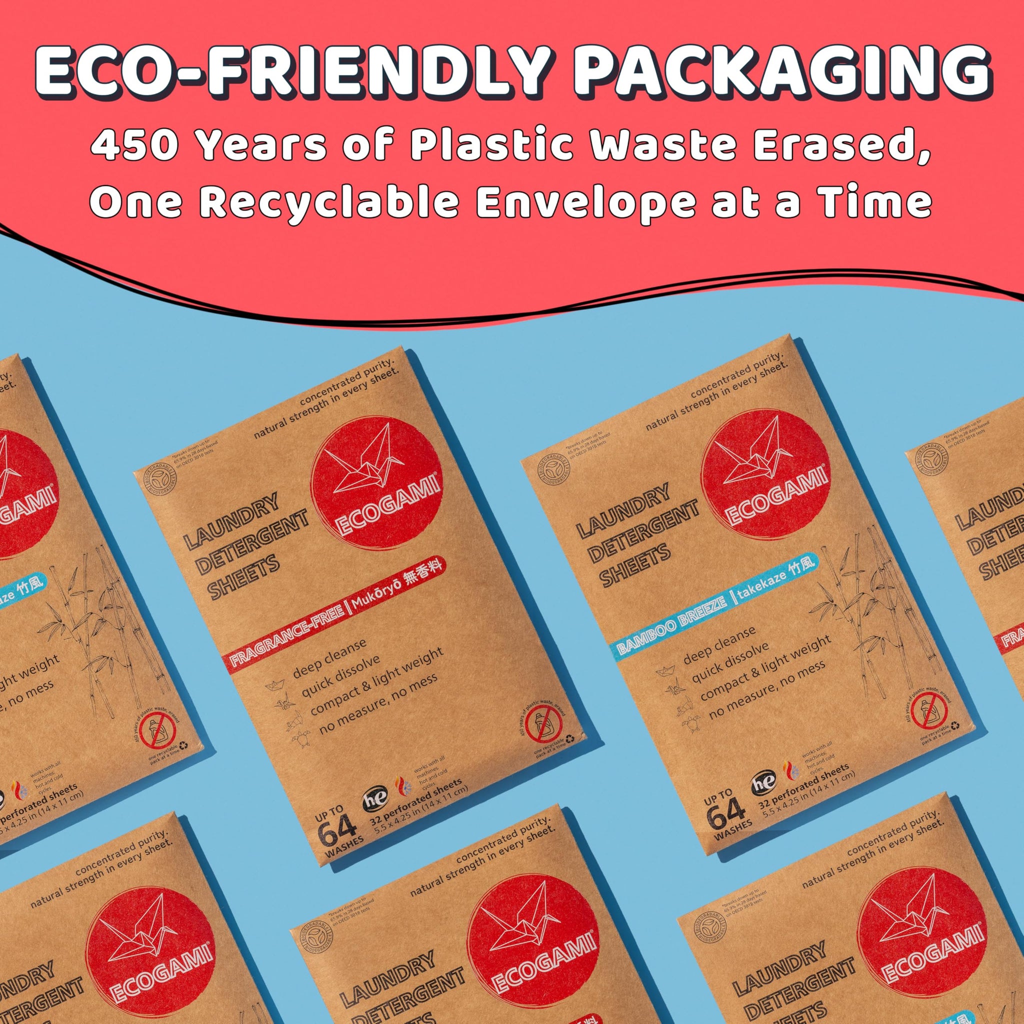 Ecogami Laundry Detergent Sheets - 32 Sheets (Up to 64 Loads), Available in Fragrance-Free or Takekaze, Plastic-Free, Biodegradable, Dissolvable