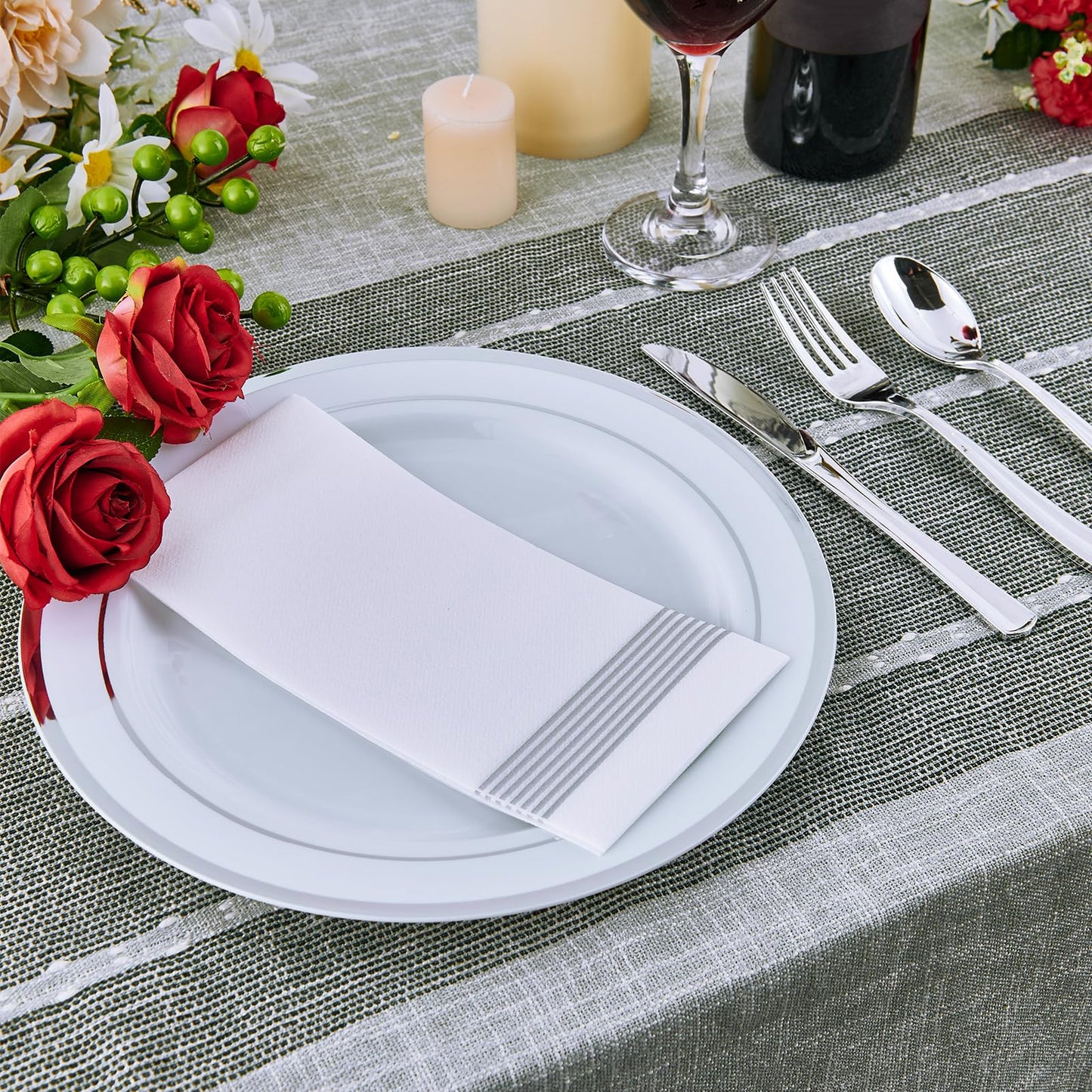 Vplus 100 Piece 10 Inch Silver Plastic Plates Disposable, Heavy Duty White Elegant Durable Dinner Plastic Party Plates with Silver Rim Perfect