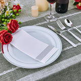 Vplus 100 Piece 10 Inch Silver Plastic Plates Disposable, Heavy Duty White Elegant Durable Dinner Plastic Party Plates with Silver Rim Perfect