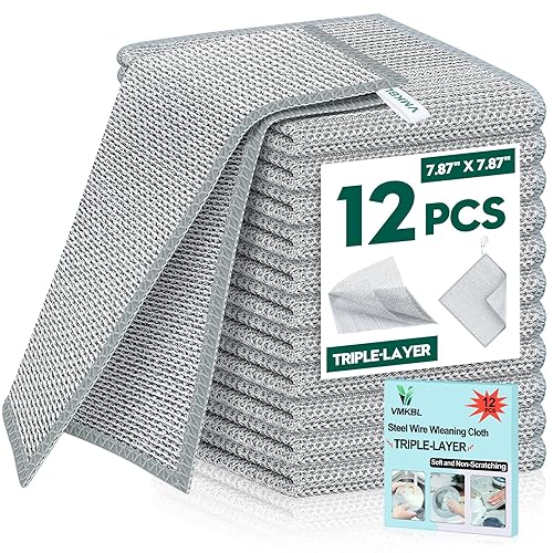 VMKBL 12 Pcs New Upgraded 3 Layers Non Scratch Wire Dishcloth, Multipurpose Wire Dishwashing Rags, Wet & Dry for Cookware, Sinks, Dishes, Stoves
