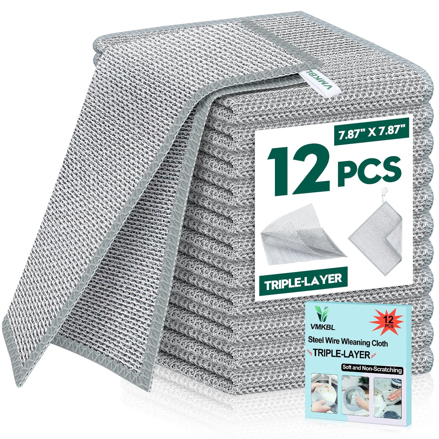 VMKBL 12 Pcs New Upgraded 3 Layers Non Scratch Wire Dishcloth, Multipurpose Wire Dishwashing Rags, Wet & Dry for Cookware, Sinks, Dishes, Stoves