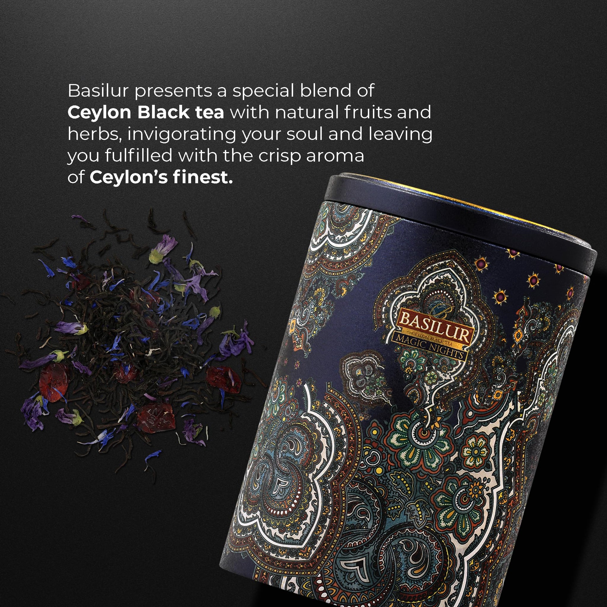 Basilur Magic Nights Oriental Collection - 100% Pure Ceylon Black Tea with Fruit & Herb Infusion, 100g Loose Leaf in Luxurious Tin Caddy, Freshly