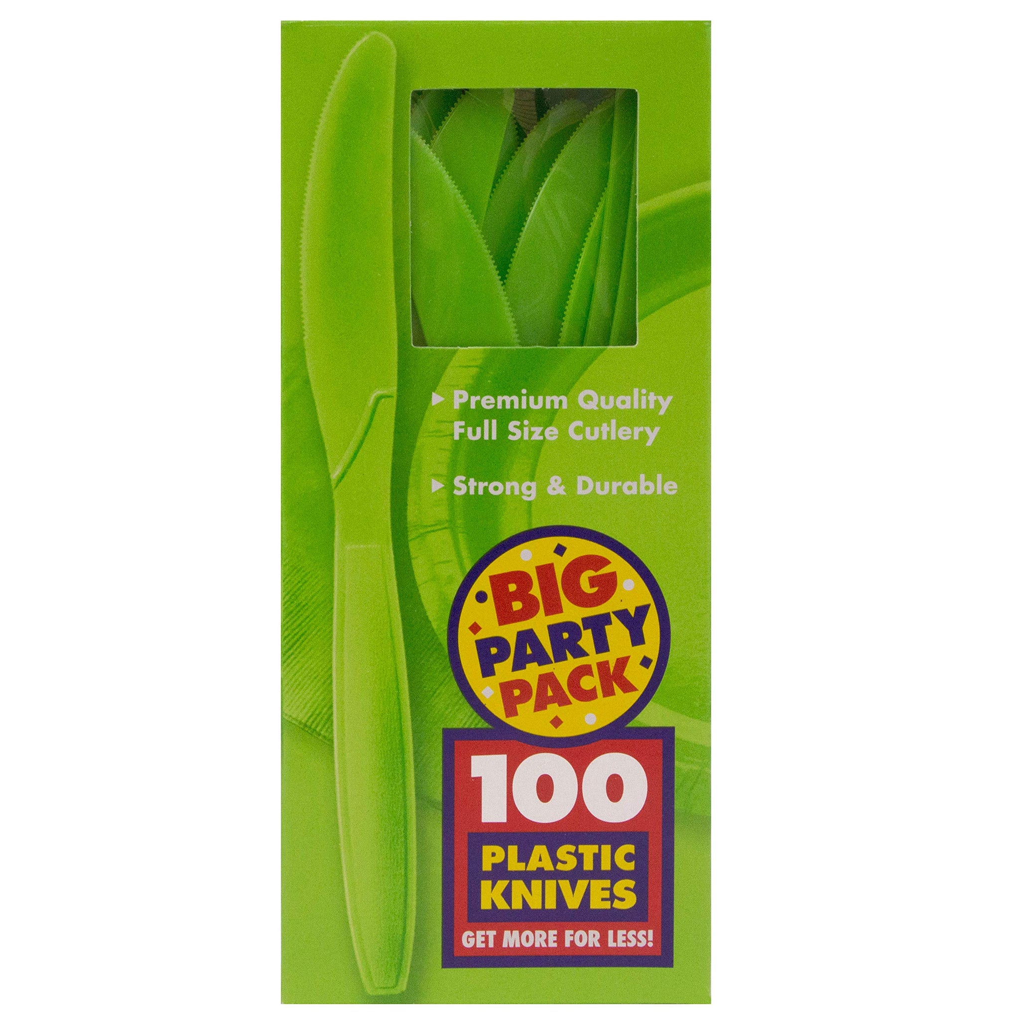 JAM Paper Big Party Pack of Premium Plastic Knives - Lime Green - 100 Disposable Knives/Box