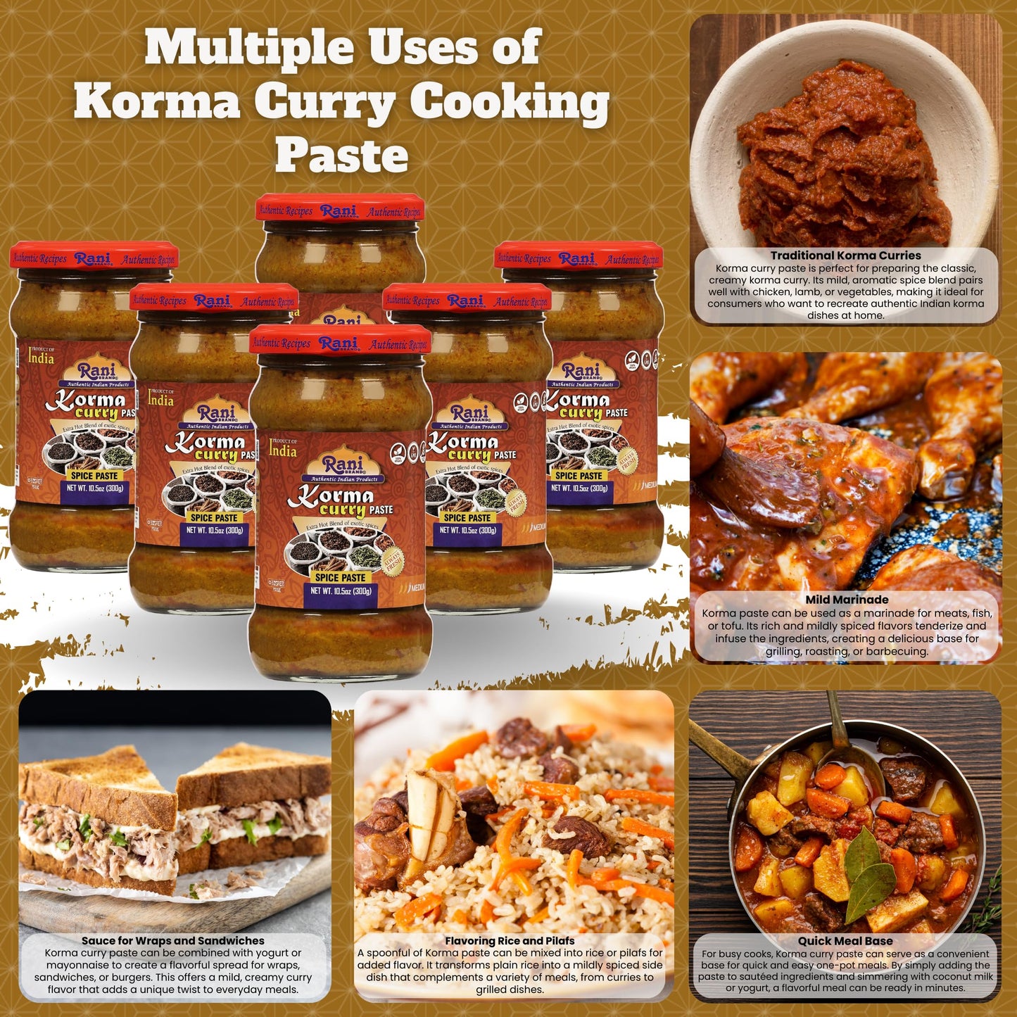 Rani Korma Curry Cooking Spice Paste 10o.5z (300g) Glass Jar, Pack of 5+1 FREE ~ No Colors | All Natural | NON-GMO | Vegan | Gluten Free | Indian