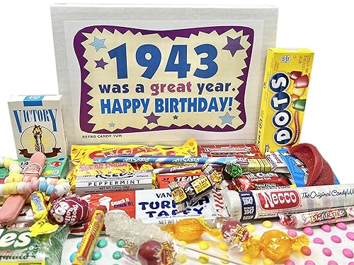 RETRO CANDY YUM ~ 1943 83rd Birthday Gift Box Nostalgic Candy Mix from Childhood for 83 Year Old Man or Woman Born 1943 Jr