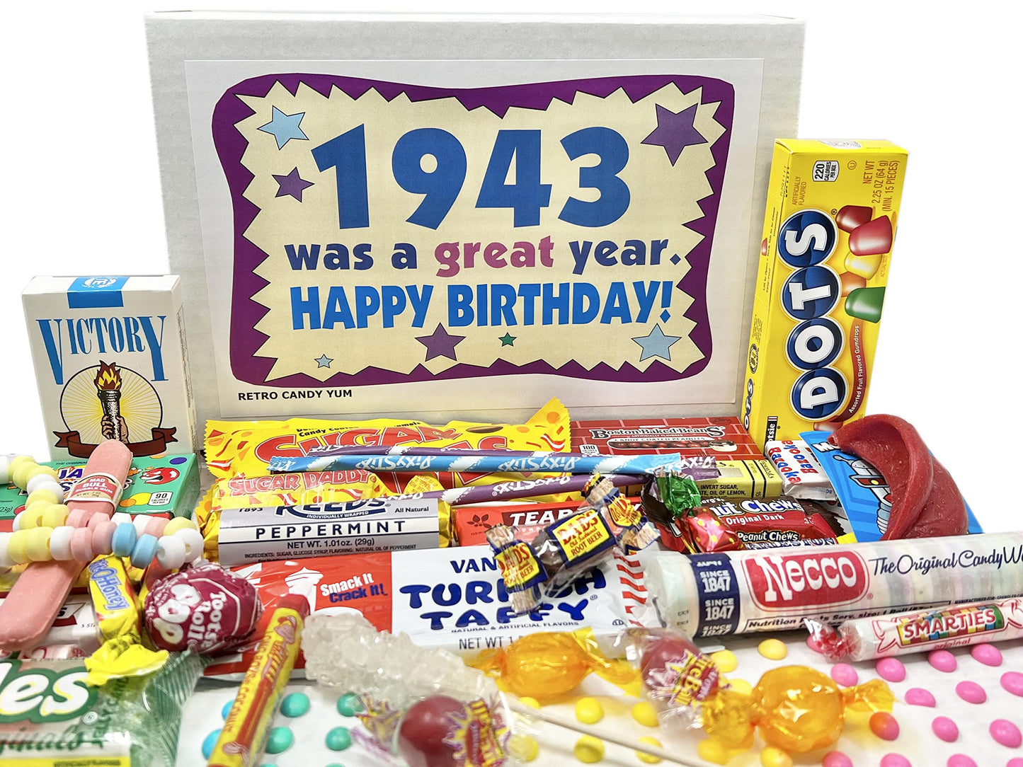 RETRO CANDY YUM ~ 1943 83rd Birthday Gift Box Nostalgic Candy Mix from Childhood for 83 Year Old Man or Woman Born 1943 Jr