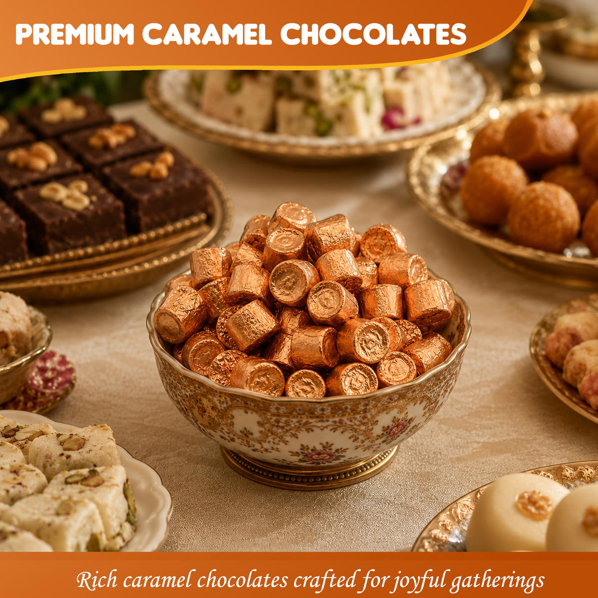 Caramel Milk Chocolate Candy 1lb, Gold Wrapped Sweets for Parties & Gifts