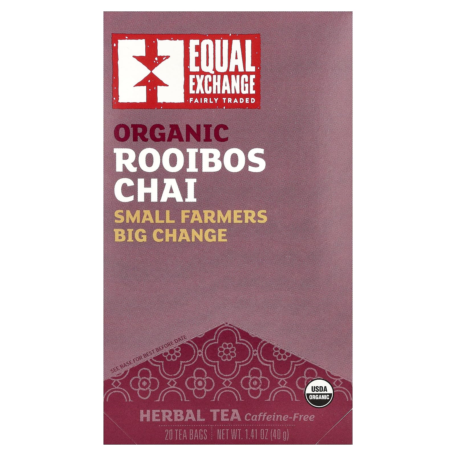 Equal Exchange Organic Rooibos Chai, Herbal Tea, Caffeine-Free, 20 Tea Bags, 1.41 oz (40 g)