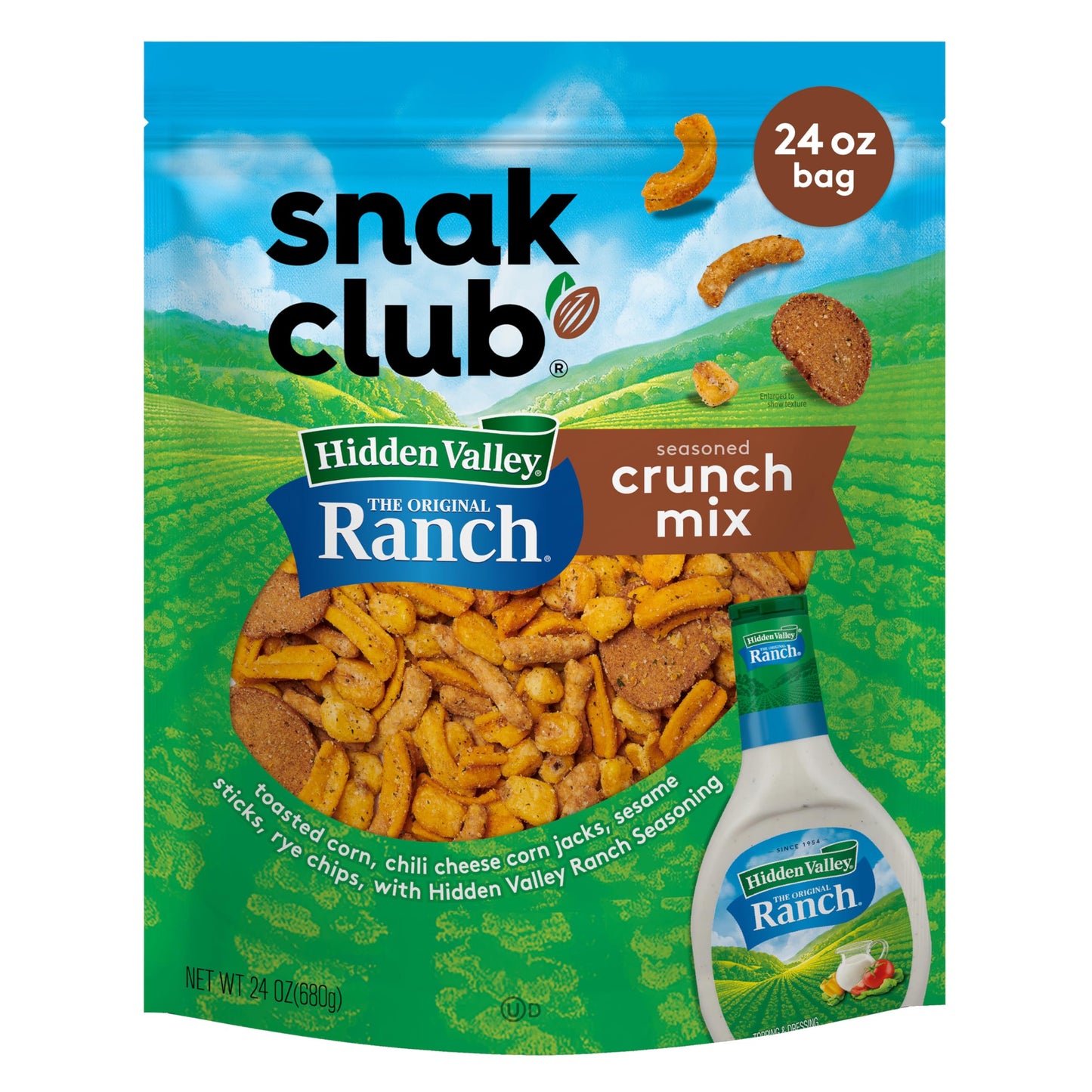Snak Club Crunch Mix with Hidden Valley Ranch Seasoning, Toasted Corn, Chili Cheese Corn Jacks, Sesame Sticks, and Rye Chips, Kosher Snack, 24 oz
