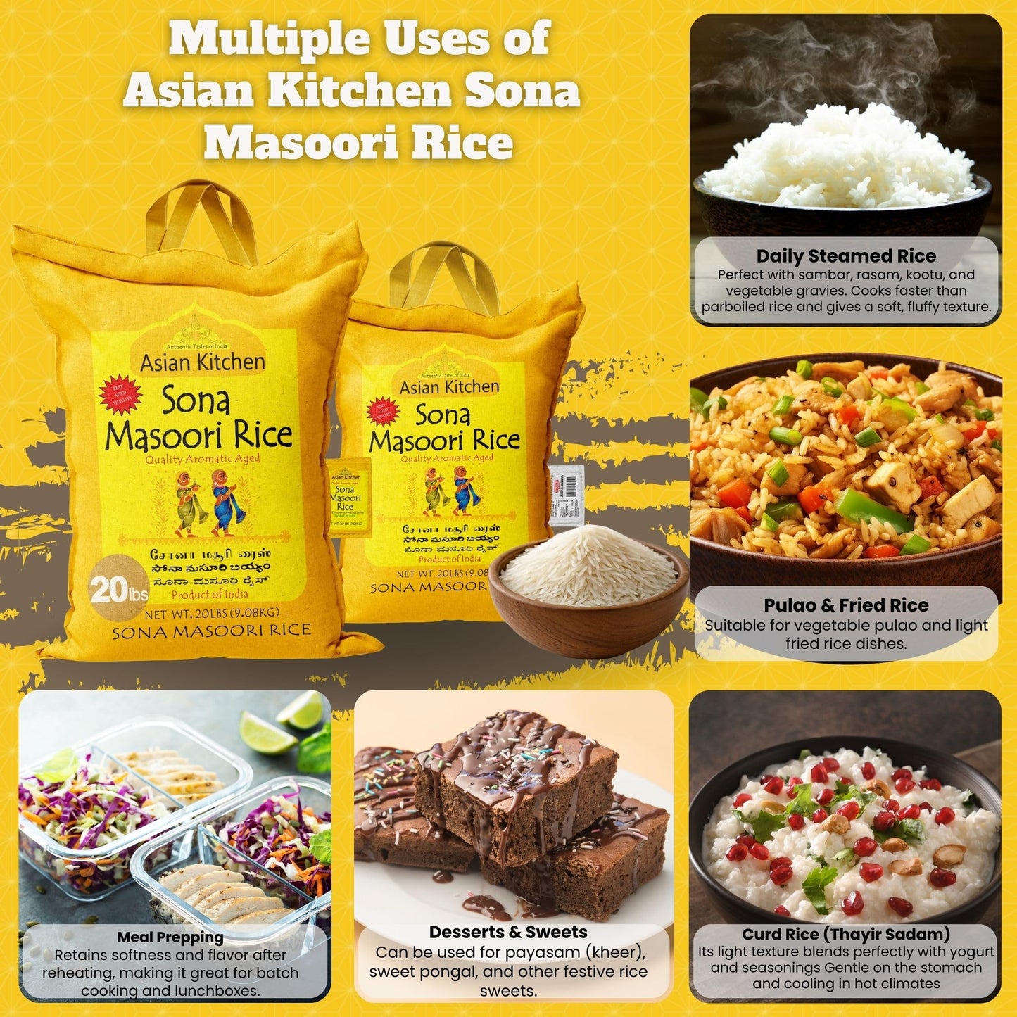 Asian Kitchen White Sona Masoori Aged Rice 20-Pound Bag, 20lbs (9.08kg) Short Grain Rice ~ All Natural | Gluten Friendly | Vegan | Kosher | Indian