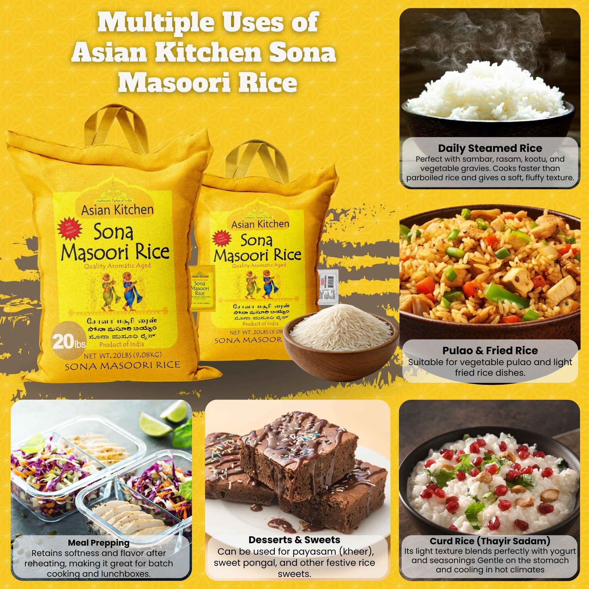 Asian Kitchen White Sona Masoori Aged Rice 20-Pound Bag, 20lbs (9.08kg) Short Grain Rice ~ All Natural | Gluten Friendly | Vegan | Kosher | Indian
