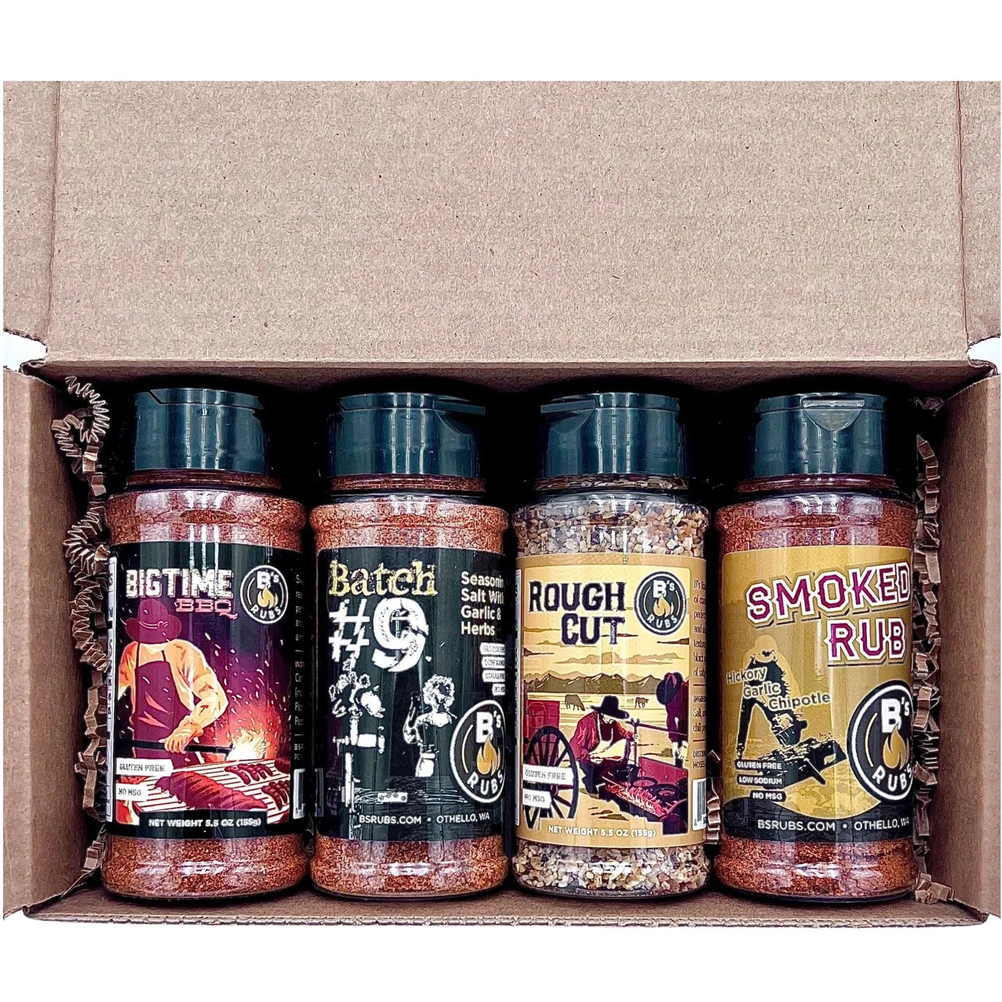 B's Rubs BBQ Seasoning Gift Set, 4 Pack Premium Spice Collection with Rough Cut, Big Time BBQ, Batch #9, Original Smoked Rub, 5.5 oz Each