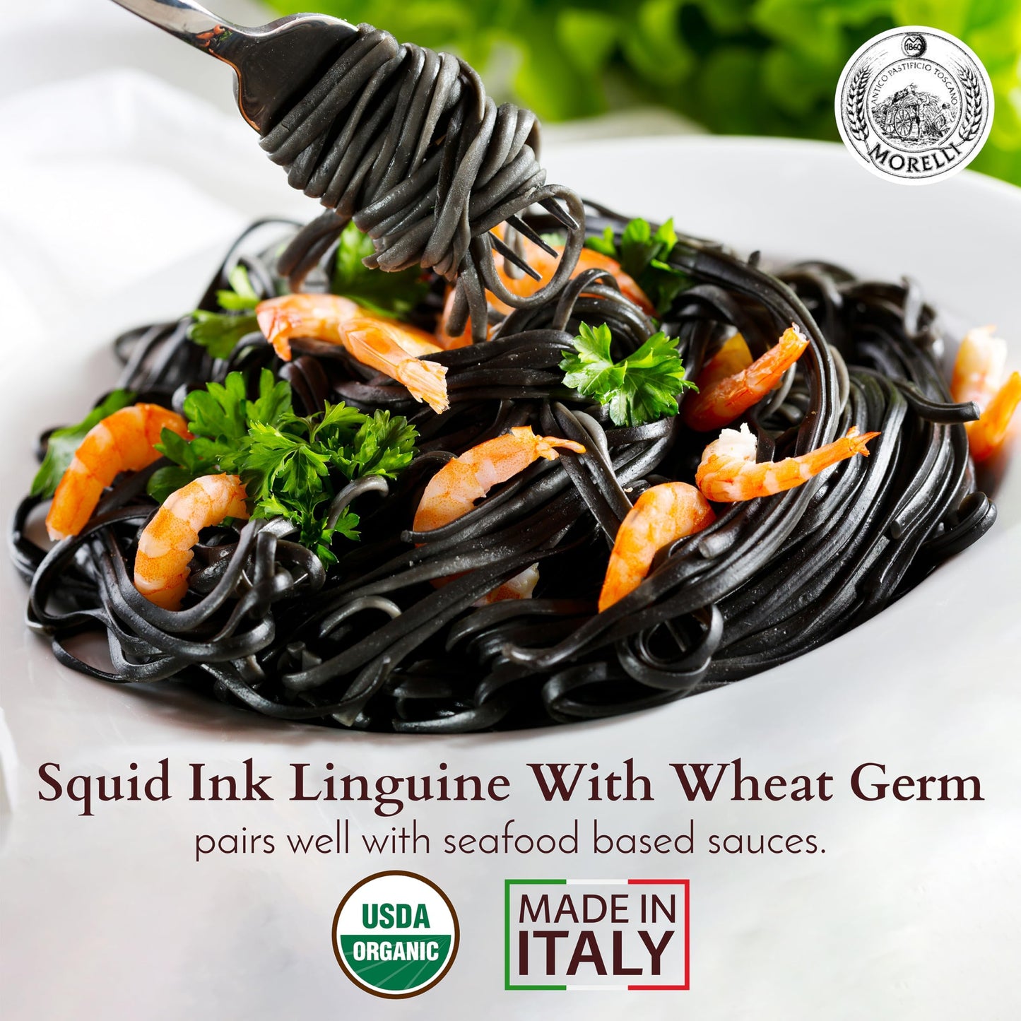Morelli Squid Ink Pasta Linguine - Organic Black Pasta Noodles, Durum Wheat Semolina, Italian Nero Di Seppia Made in Italy - 8.8 oz / 250 g (Pack