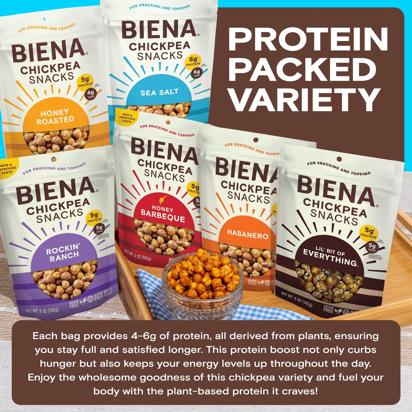 BIENA Chickpea Snacks - Crunchy Roasted Chickpeas - High Fiber Vegan Protein Snack for Adults & Kids - 6-Pack, 5 oz Bags - BBQ, Habanero, Honey