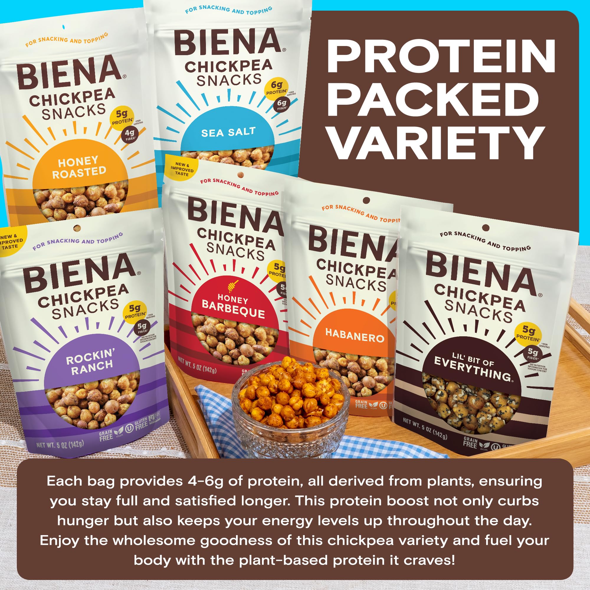BIENA Chickpea Snacks - Crunchy Roasted Chickpeas - High Fiber Vegan Protein Snack for Adults & Kids - 6-Pack, 5 oz Bags - BBQ, Habanero, Honey