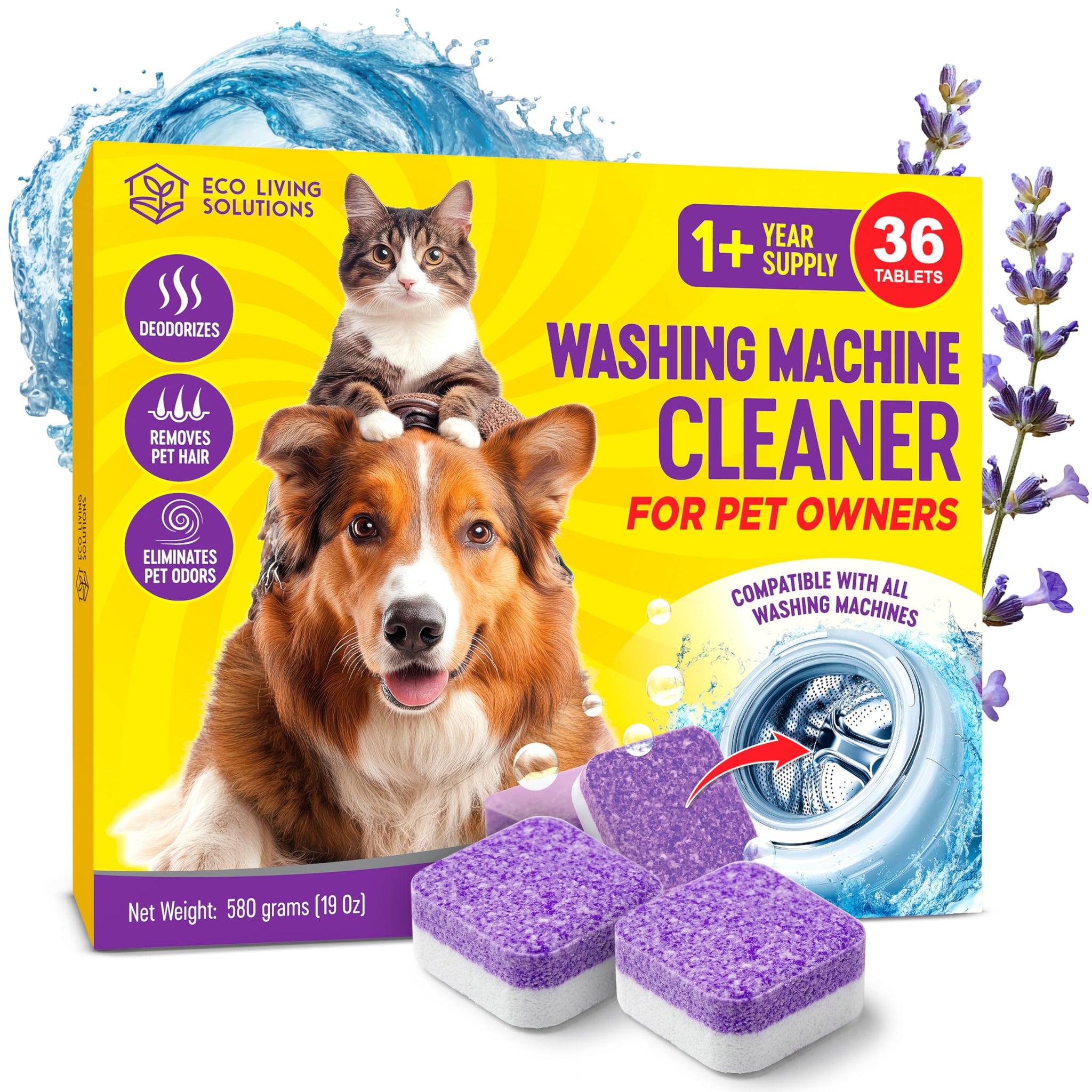 ECO LIVING SOLUTIONS Washing Machine Cleaner Tablets for Pet Owners, 36 Pack, Front&Top Load Washer Deep Cleaning, HE & Septic Tank Safe, Remove Pet