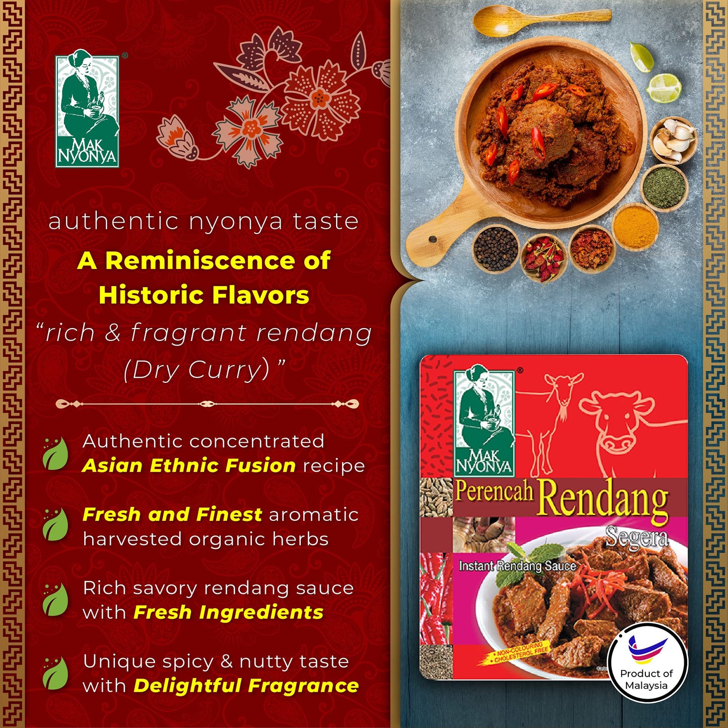 Mak Nyonya Instant Rendang Sauce For Beef/Chicken X4 Dry Curry Paste Authentic Rendang Instant Curry Sauce For Beef Chicken Vege Fish Seafood & Other
